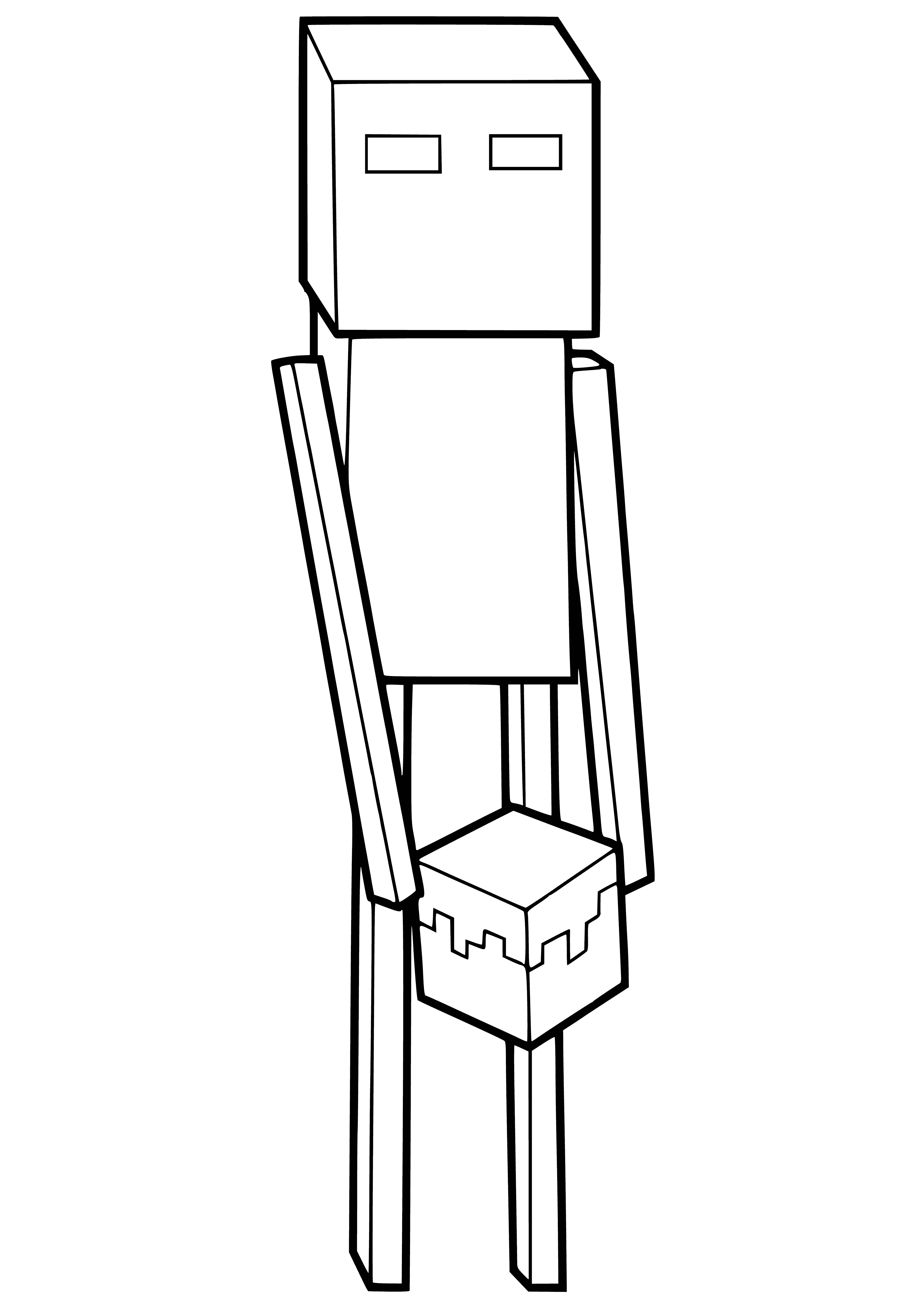 coloring page: An Enderman is a hostile mob in Minecraft, tall, dark and thin with long black legs and arms, rectangular head and purple eyes. When attacked, it teleports.