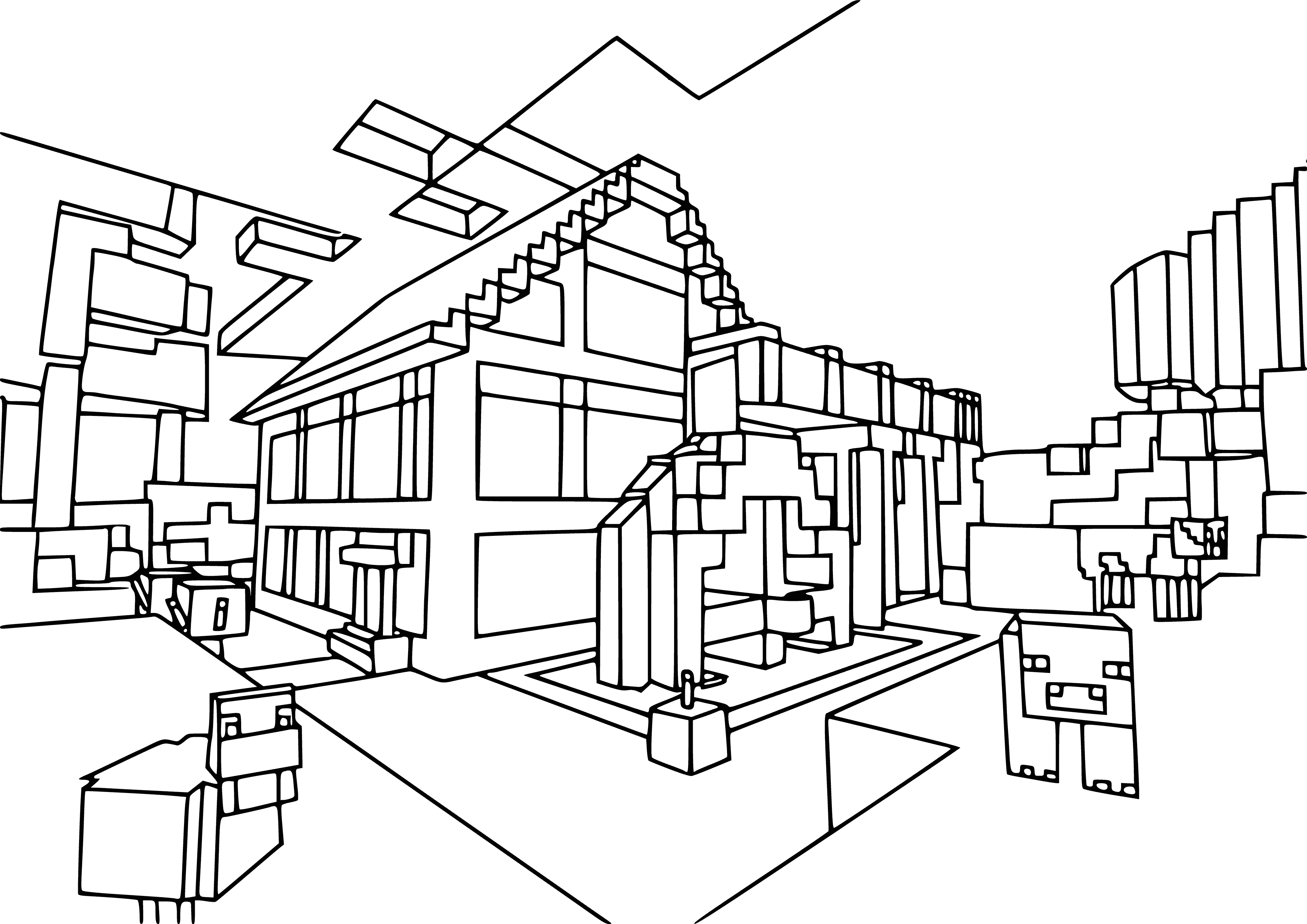 coloring page: A small village with a large house, many windows and a chimney on the roof.