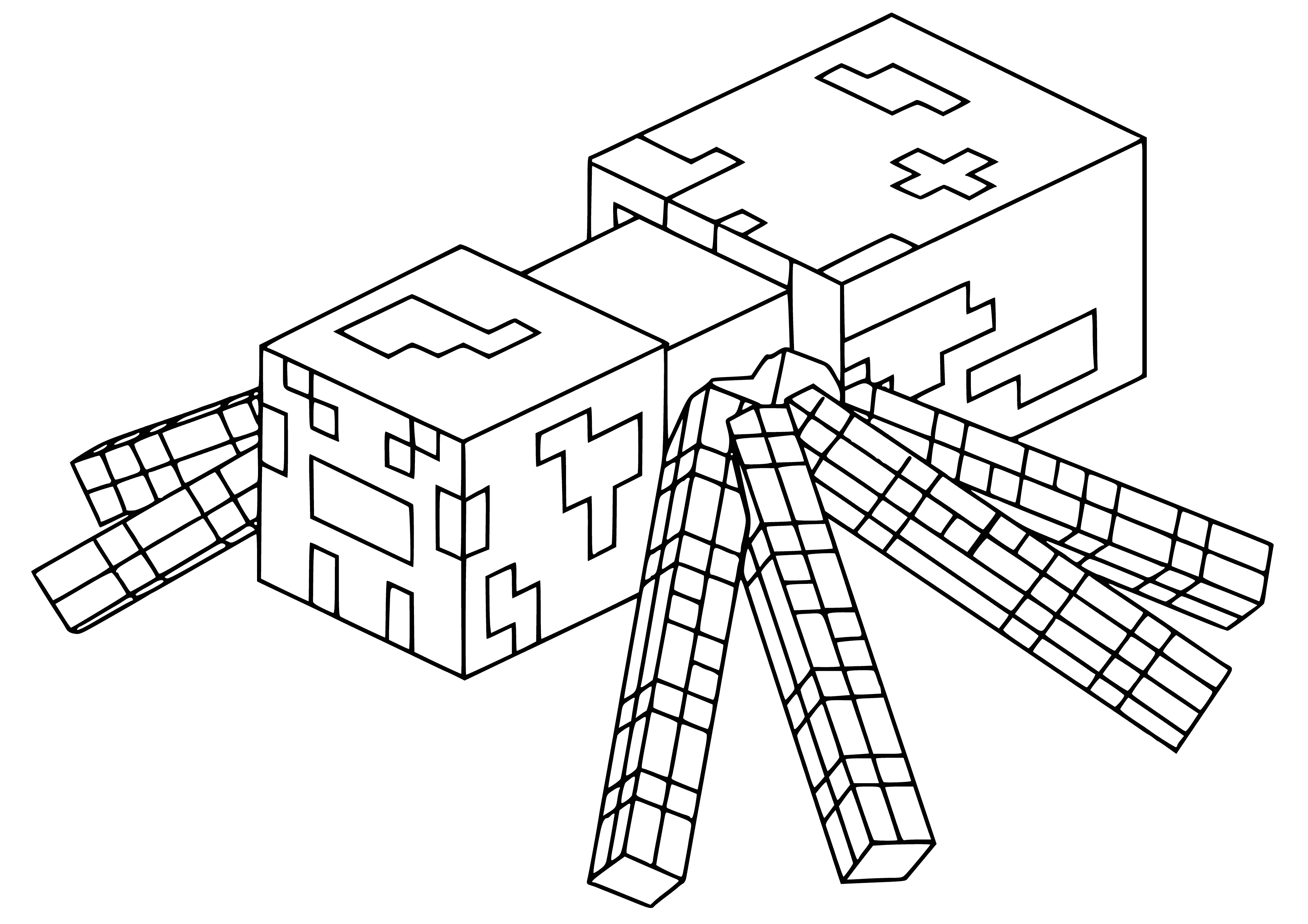 coloring page: Dark spider with glowing eyes crawls up wall in dark cave.