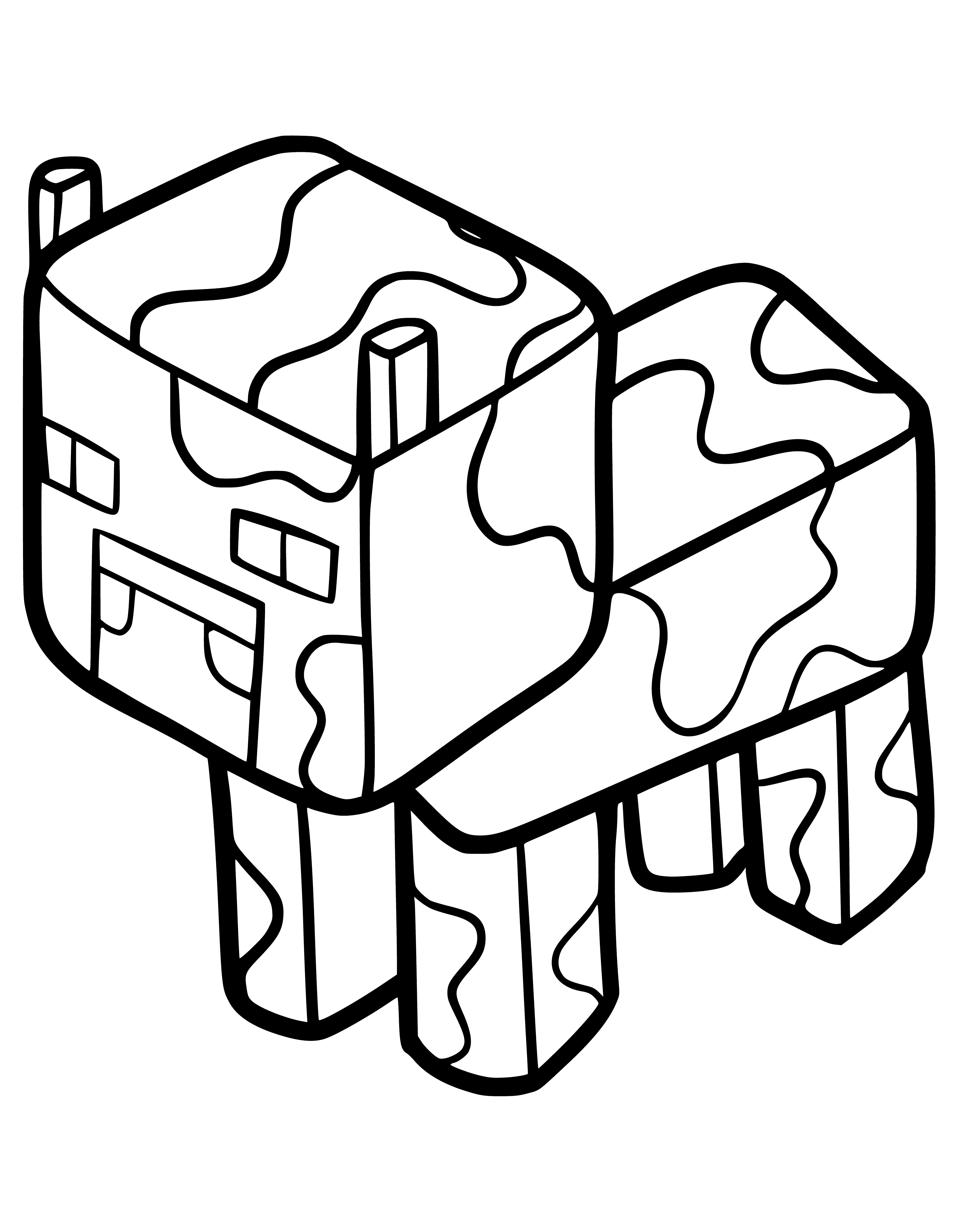 coloring page: The Minecraft cow has big, dark eyes, a fluffy tail, and stands in a green field with grass and trees.