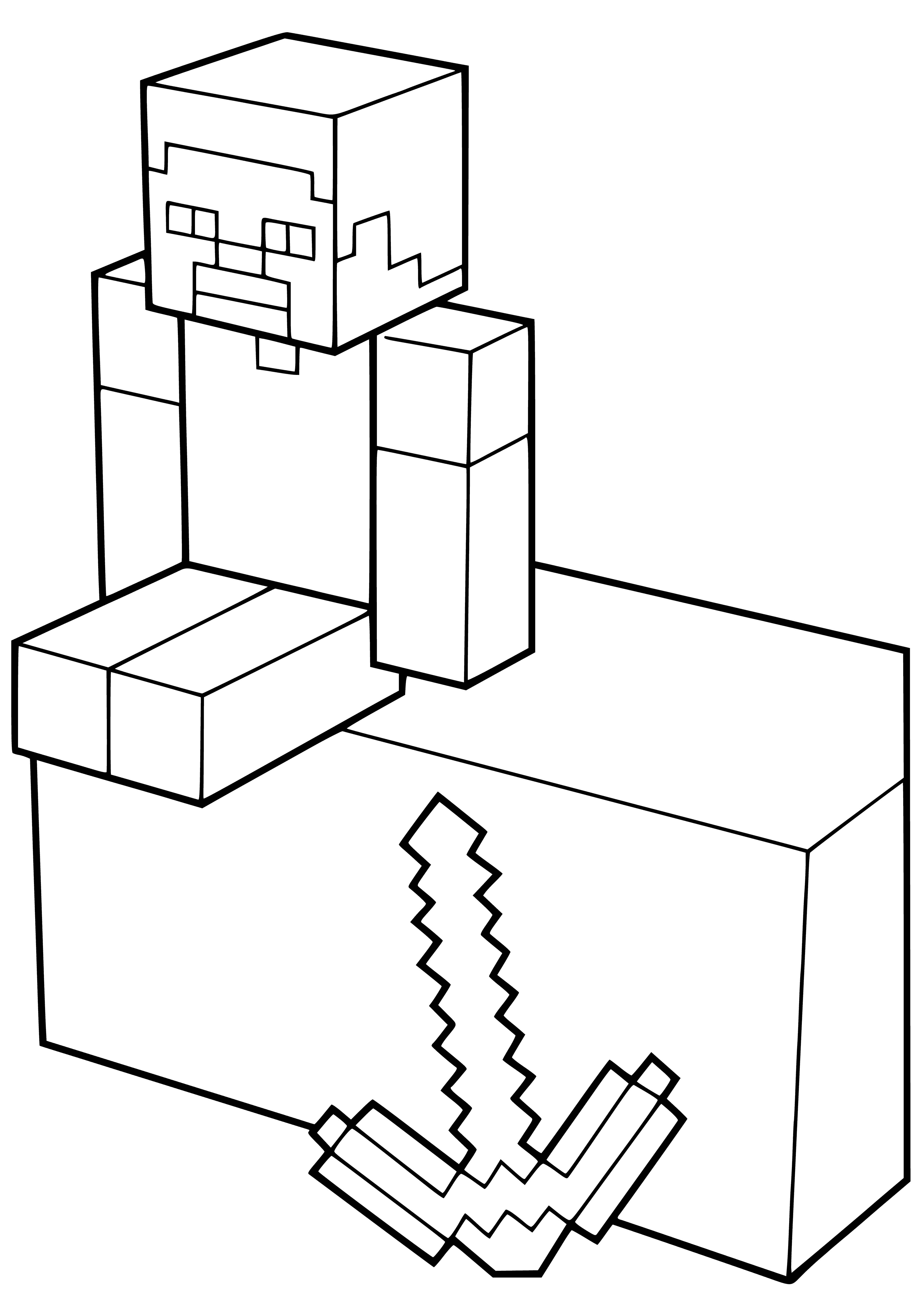 coloring page: Minecraft player uses pickaxe to mine block of stone in front of them. Surrounded by other blocks of stone.