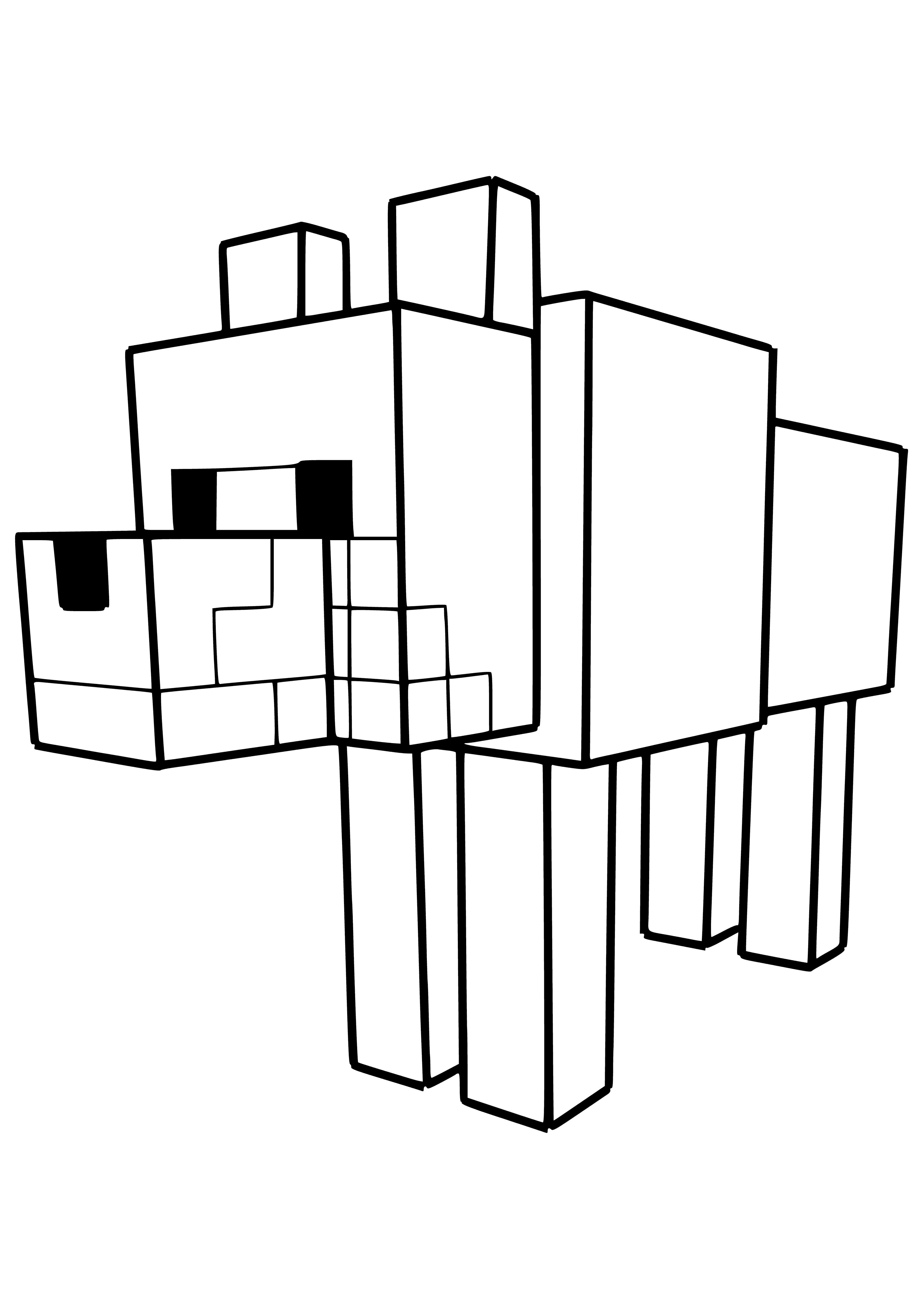 coloring page: A Minecraft dog stands in a grassy field, brown & white w/ black nose, a collar around its neck.