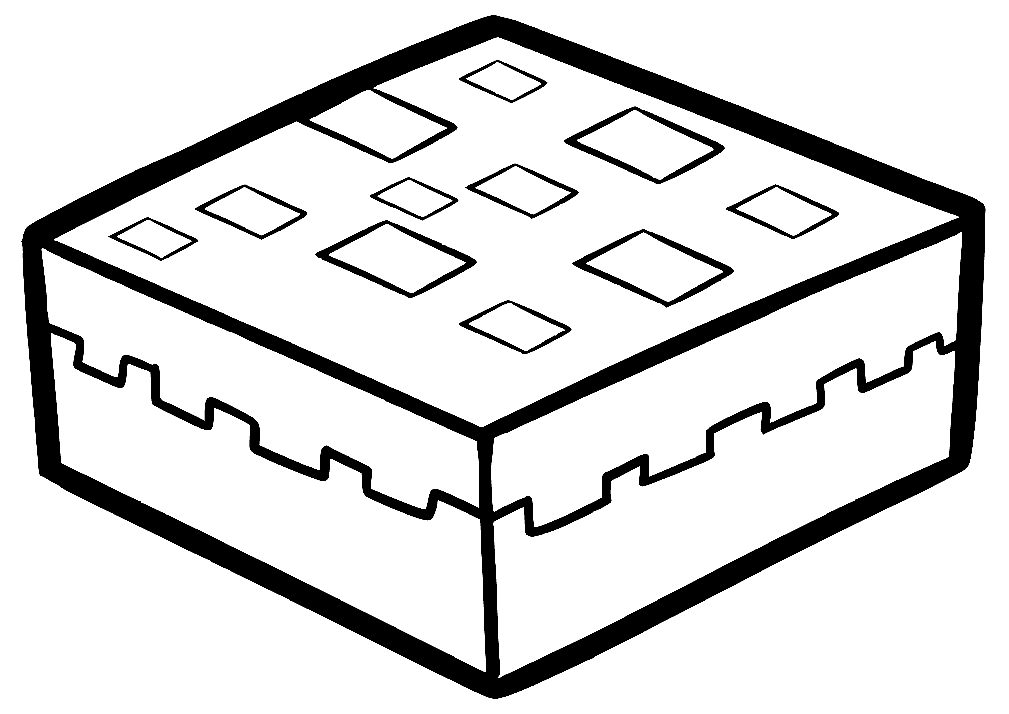 coloring page: Rectangular cake w/ light brown frosting & grass-like sprinkles. "Minecraft" in white lettering, yellow block character in center. Decorated w/ green, white & brown fondant - four layers.