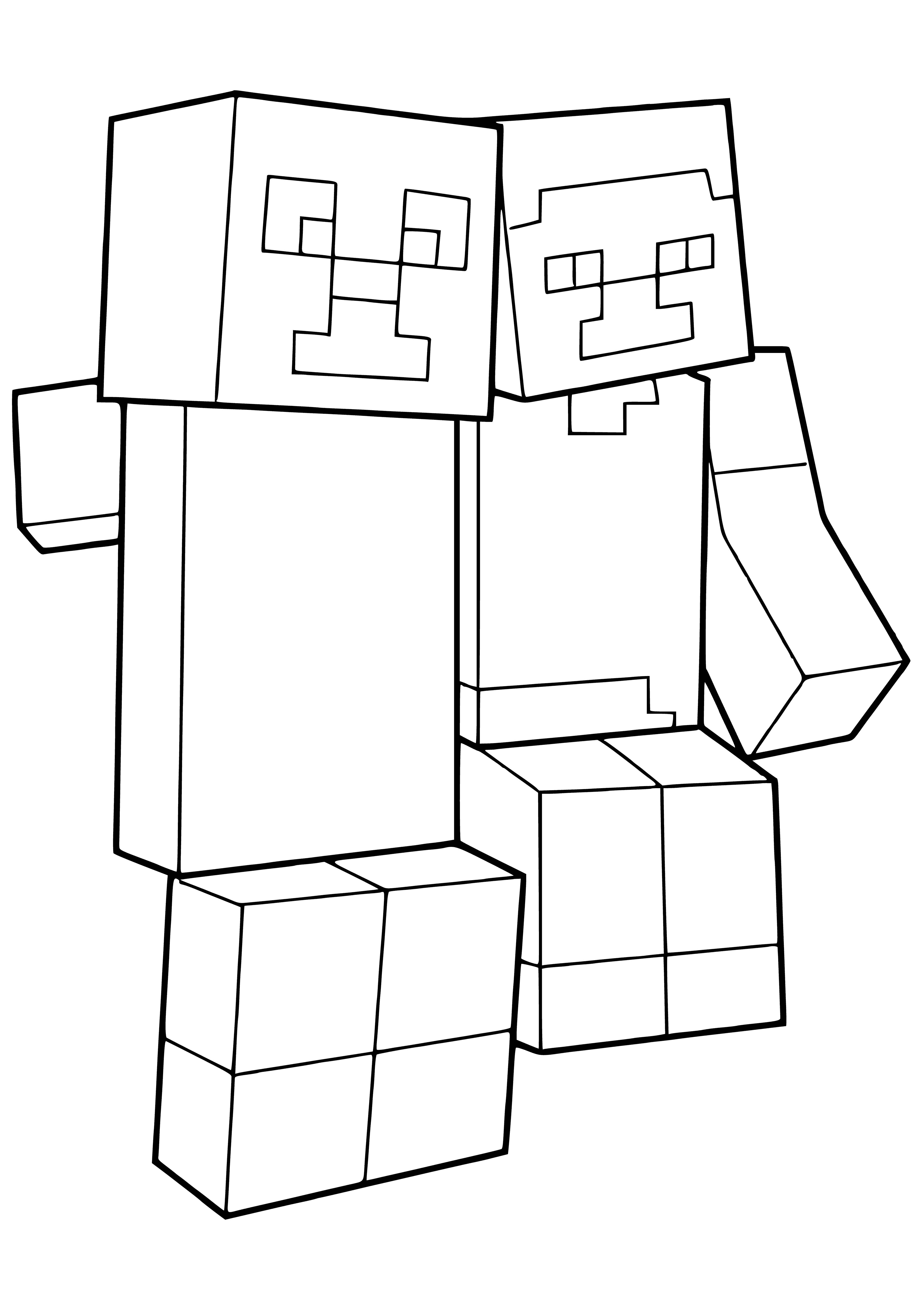 coloring page: Steve, player in Minecraft, is about to swing sword at hostile creeper. He's clad in brown armor and the creeper has bulbous green head.