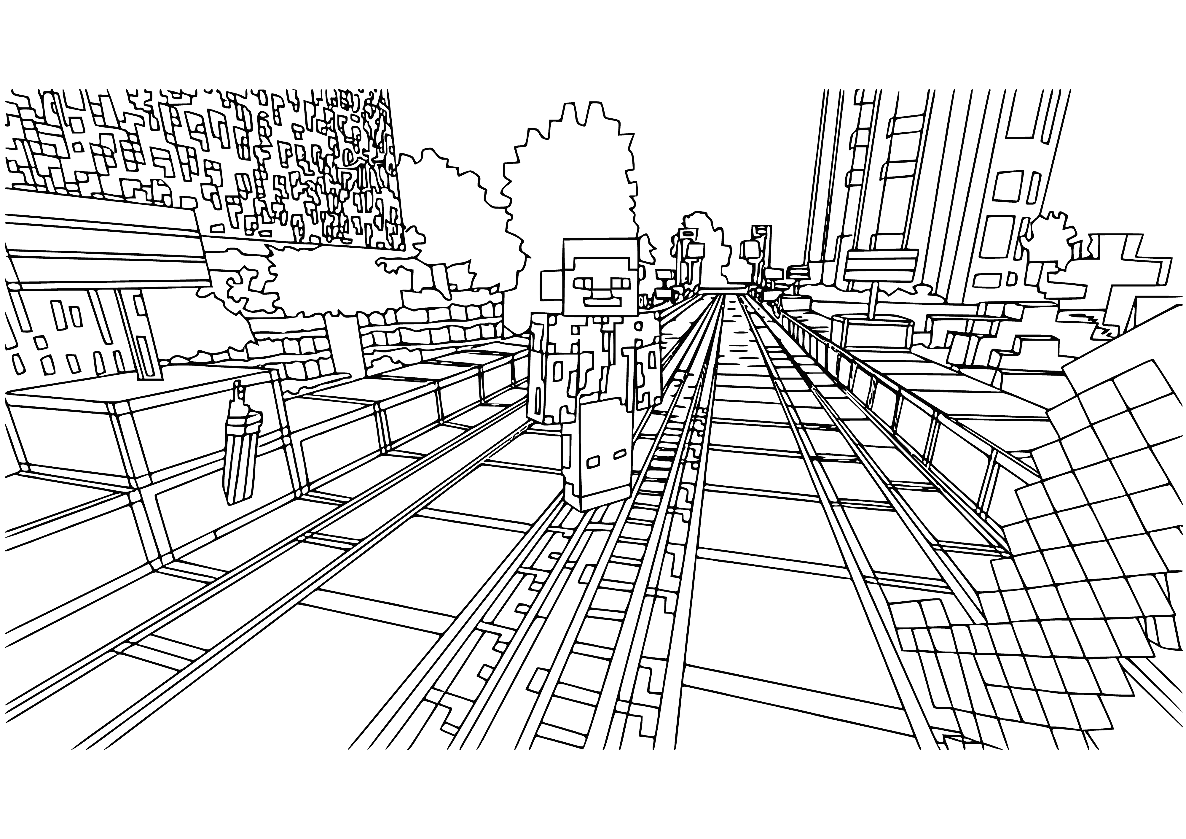 coloring page: Players work together to build a thriving city in Minecraft, with tall buildings, roads, parks, and a bustling market. Everyone works together to make it an amazing place to live!