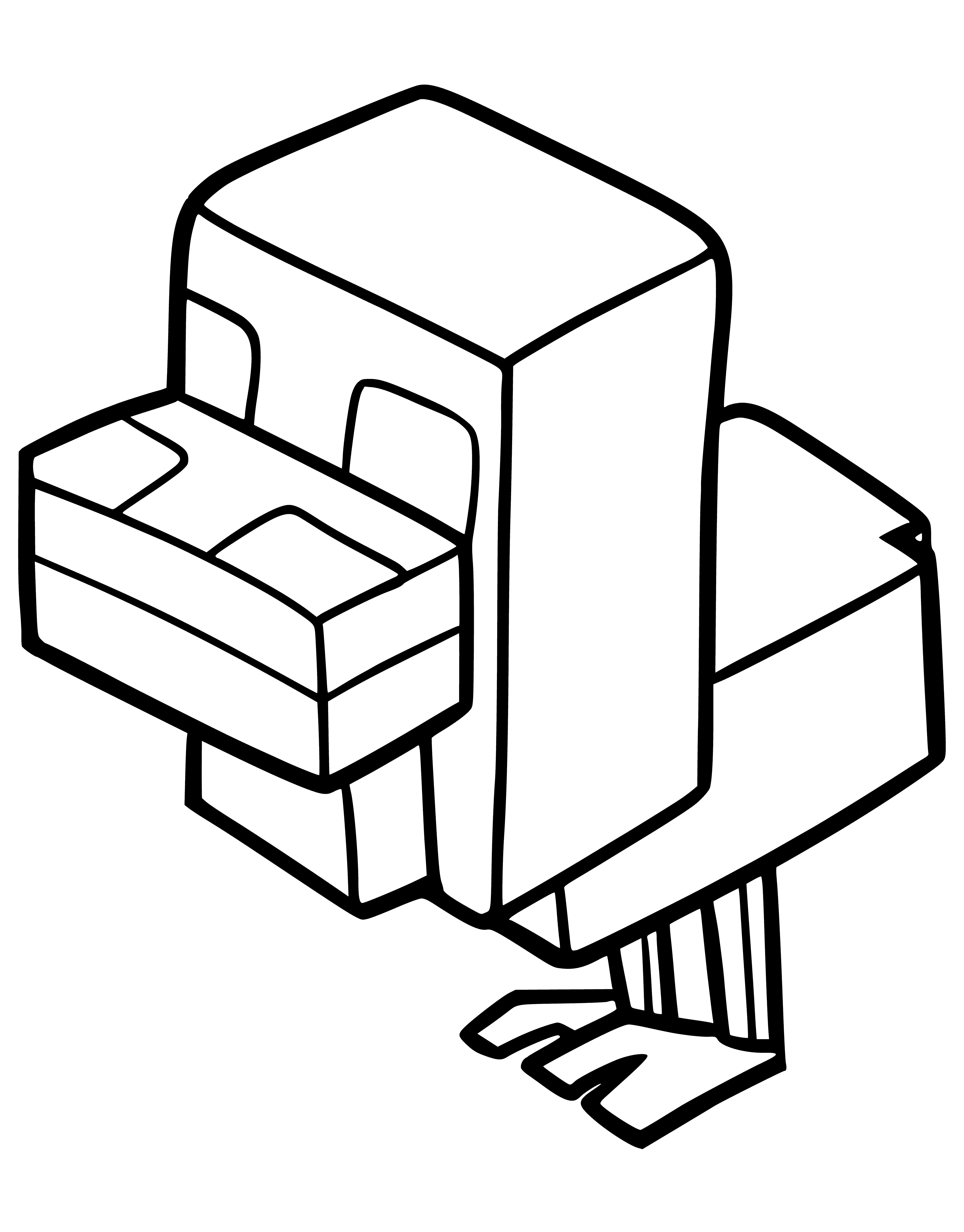 coloring page: Minecraft chicken stands on green grass, brown/white feathers, dirt block behind.