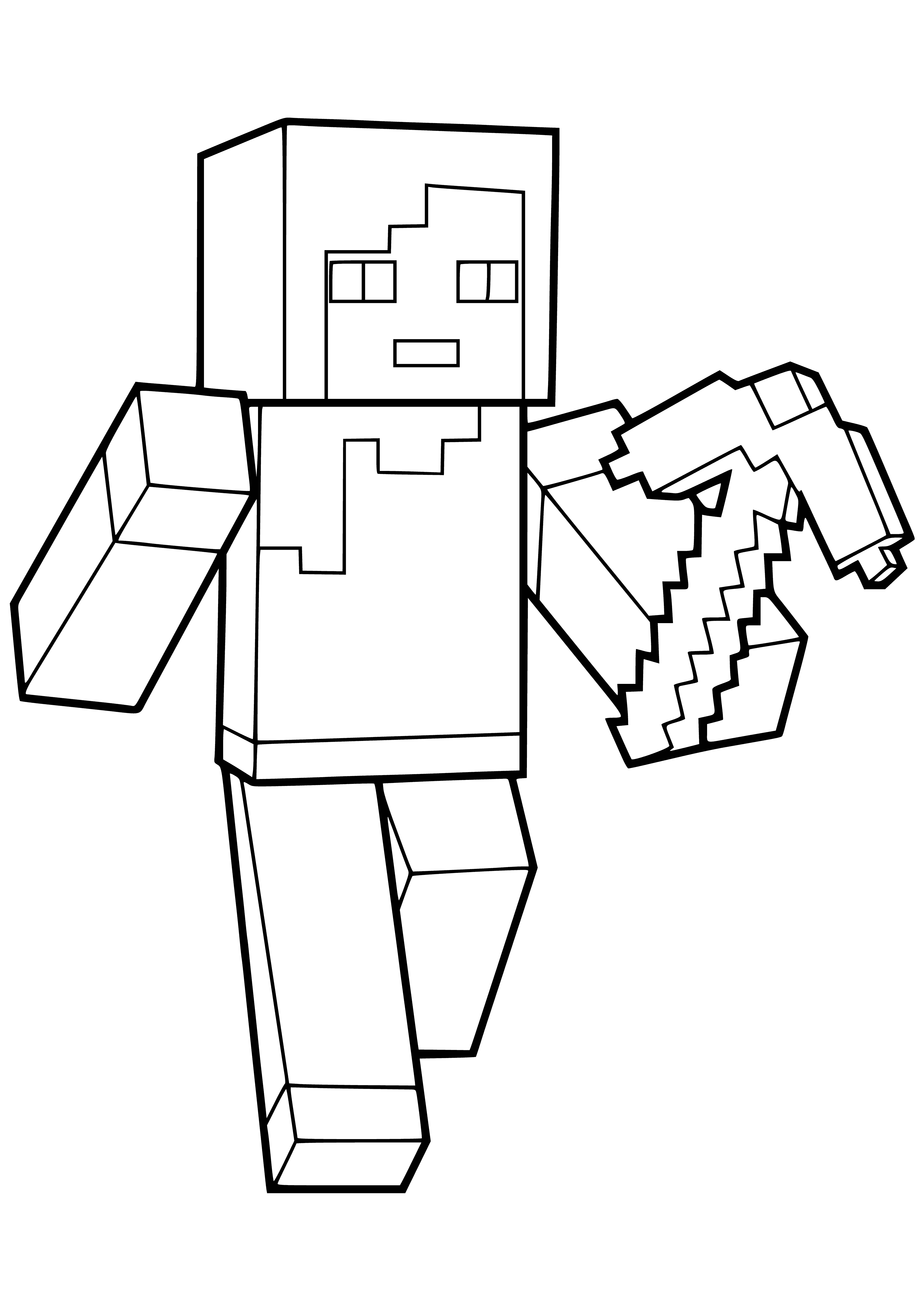 coloring page: Person with pickaxe stands in front of green tree wearing white and blue.