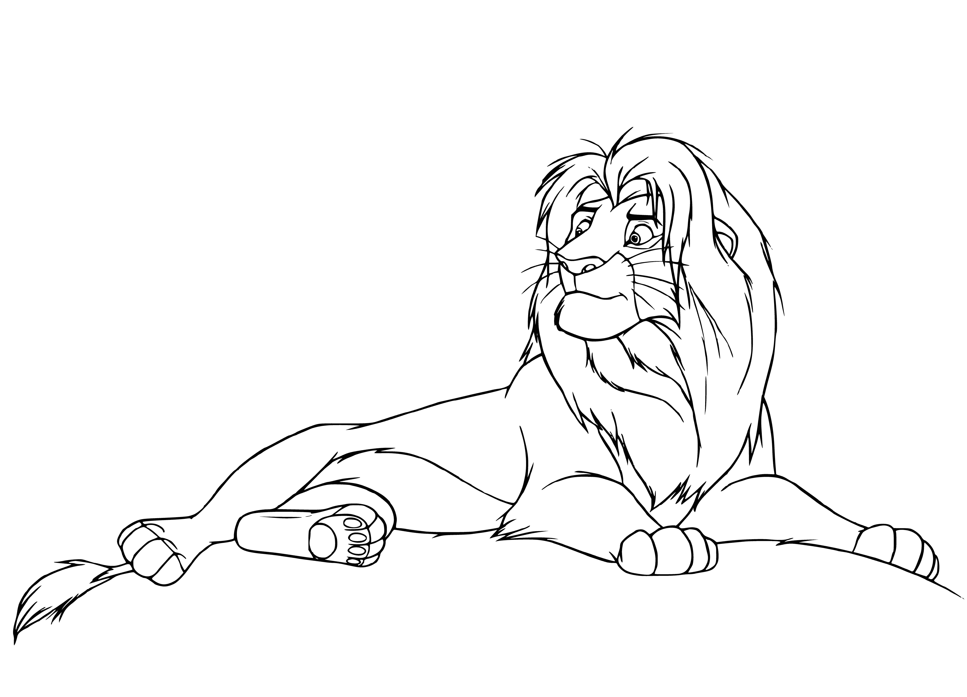 coloring page: Powerful lion stands on rocky outcropping, ready to take on challenges with confident, intense gaze.