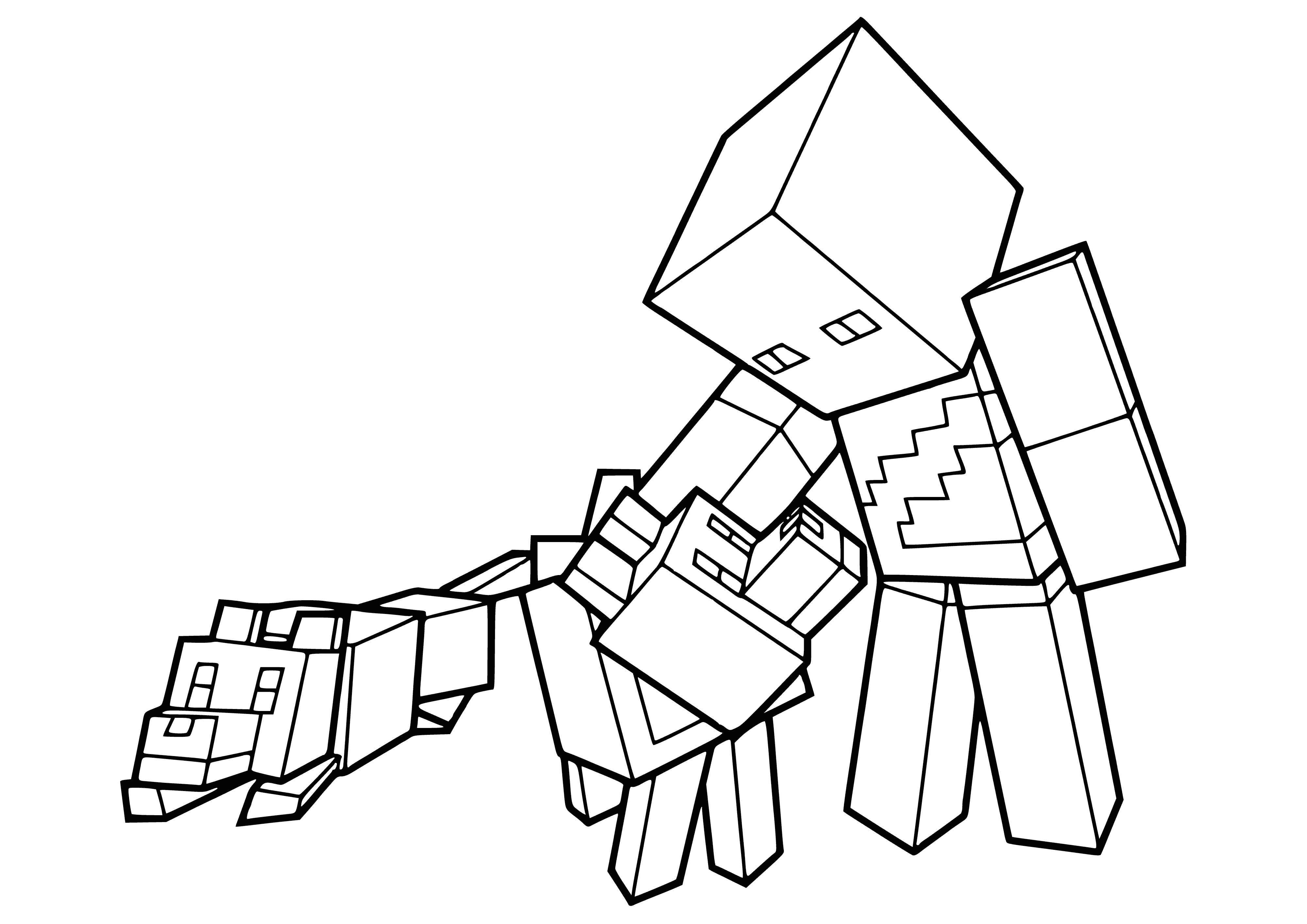 coloring page: Player sits on ground with two dogs, one brown, one white. Holding a bone and looks like they're giving it to brown dog. #Minecraft