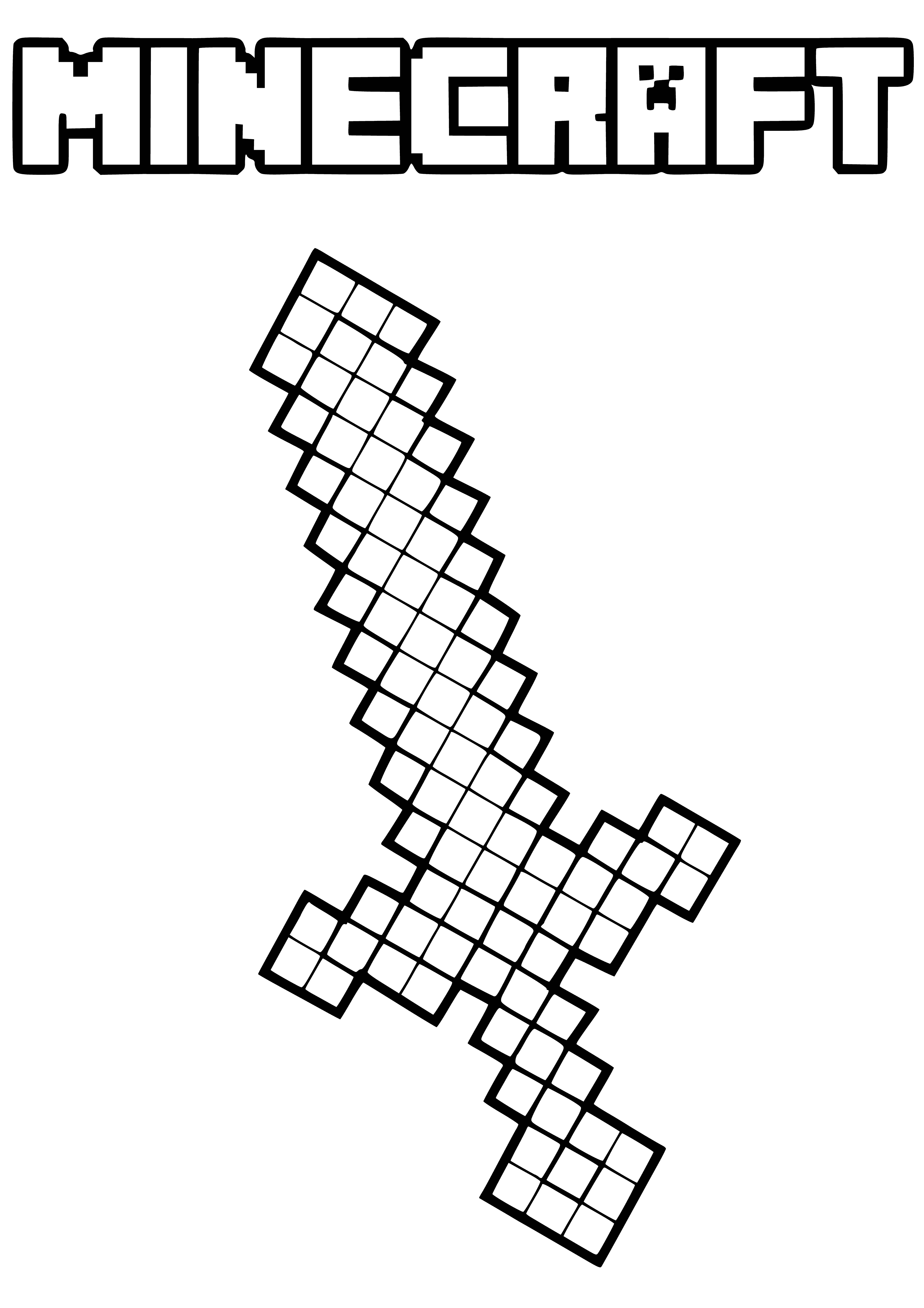 coloring page: Minecraft sword made of blocky pixels, reddish-brown in color, has handle & blade, slightly curved with sharp edges.