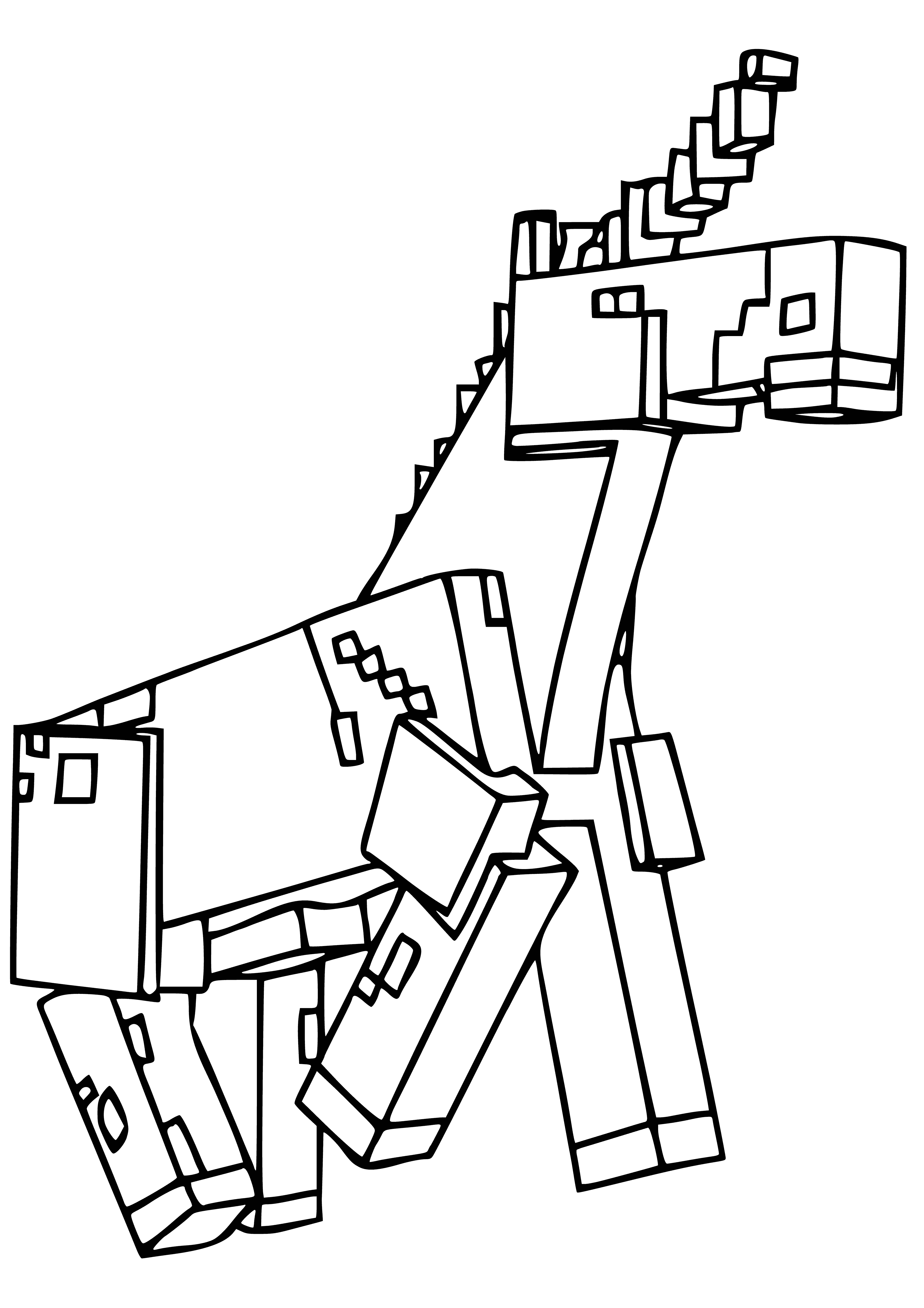 coloring page: A white horse with a golden horn stands in a grassy field with trees in the background--a magical Minecraft Unicorn!