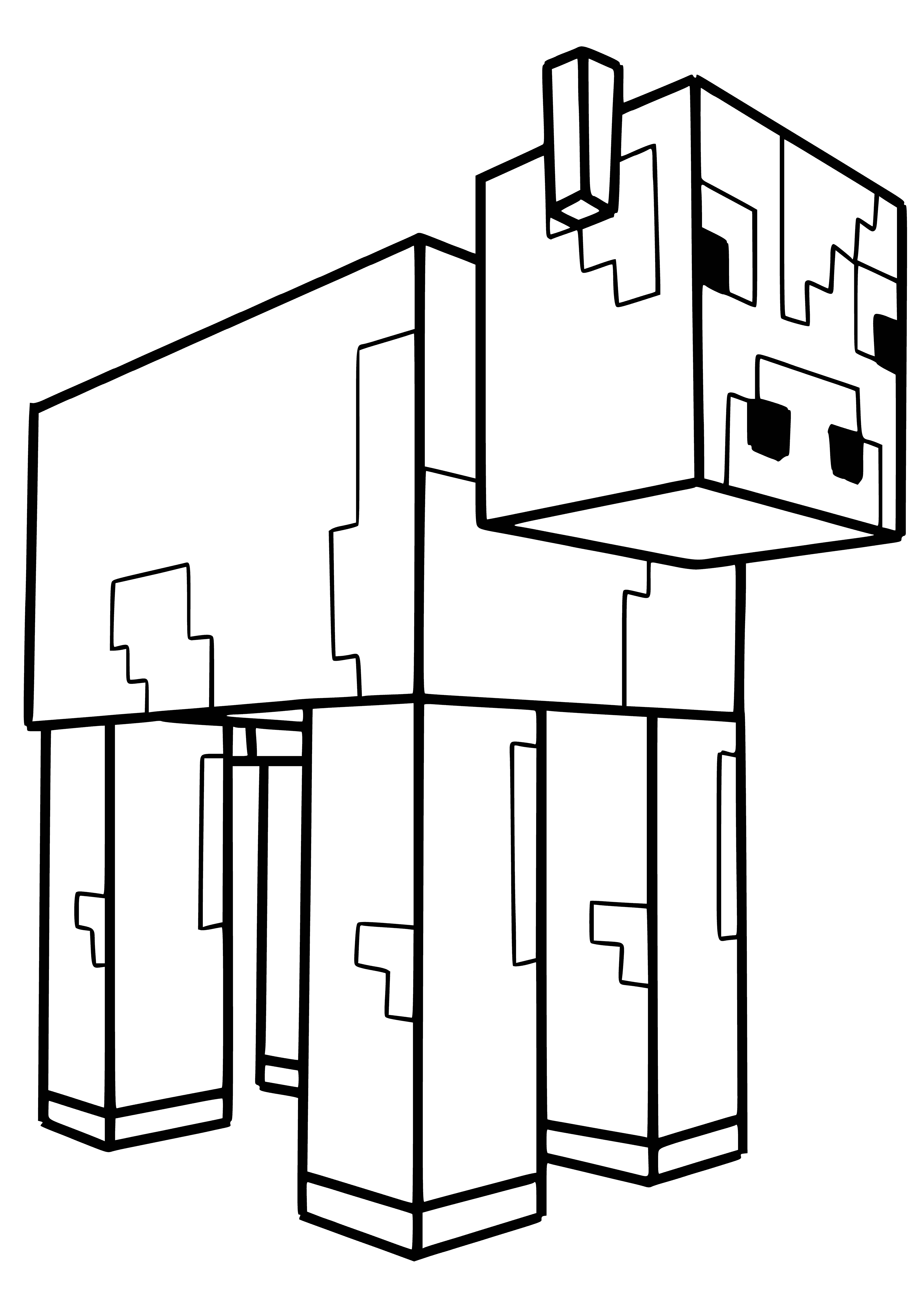 coloring page: Cow in Minecraft has 4 legs, brown/white fur, wide head, small eyes, sloped body, long tail.
