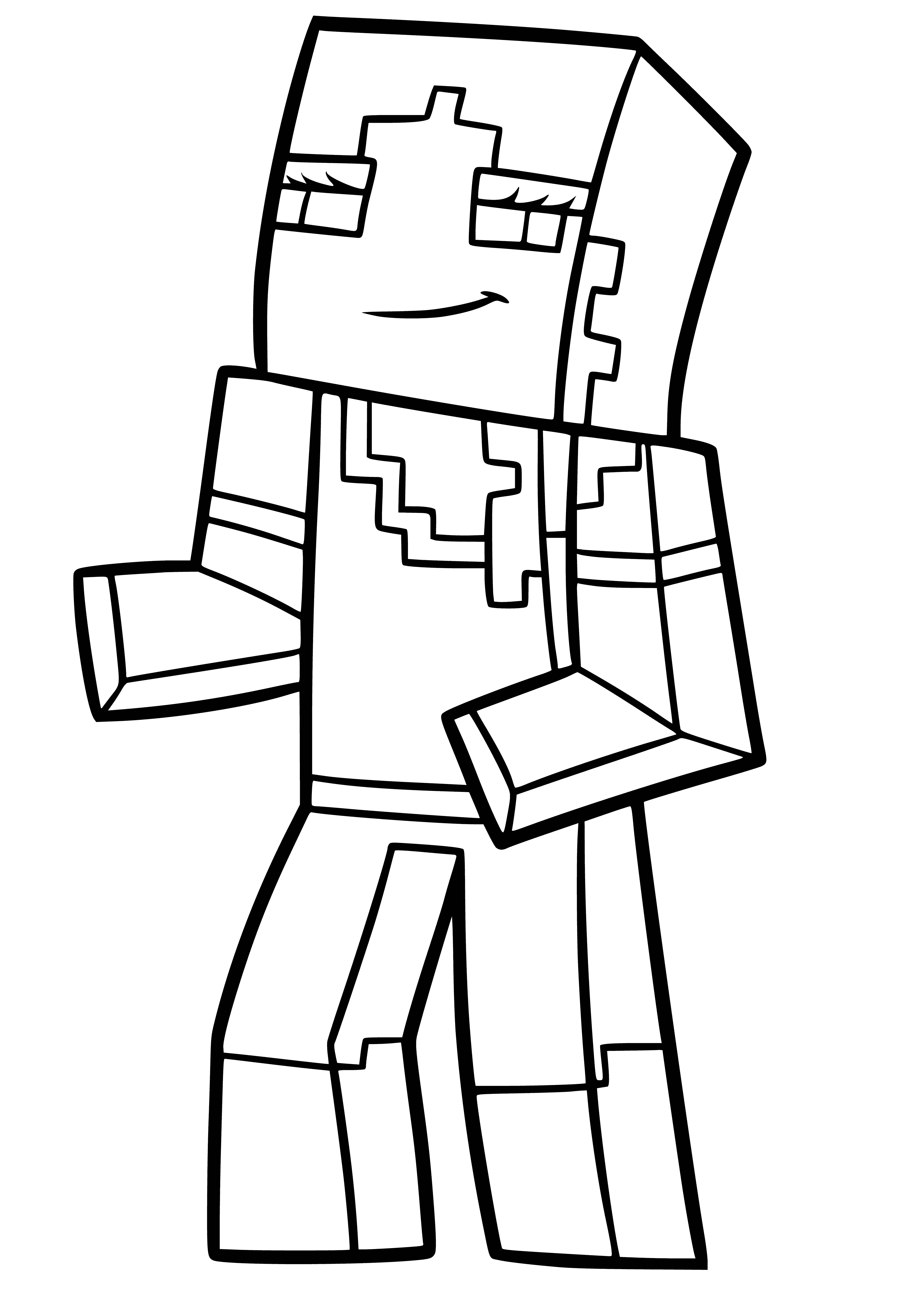 coloring page: Alex, a Minecraft character, dances in blue shirt and brown pants, happy on a block of dirt surrounded by green grass. #Minecraft