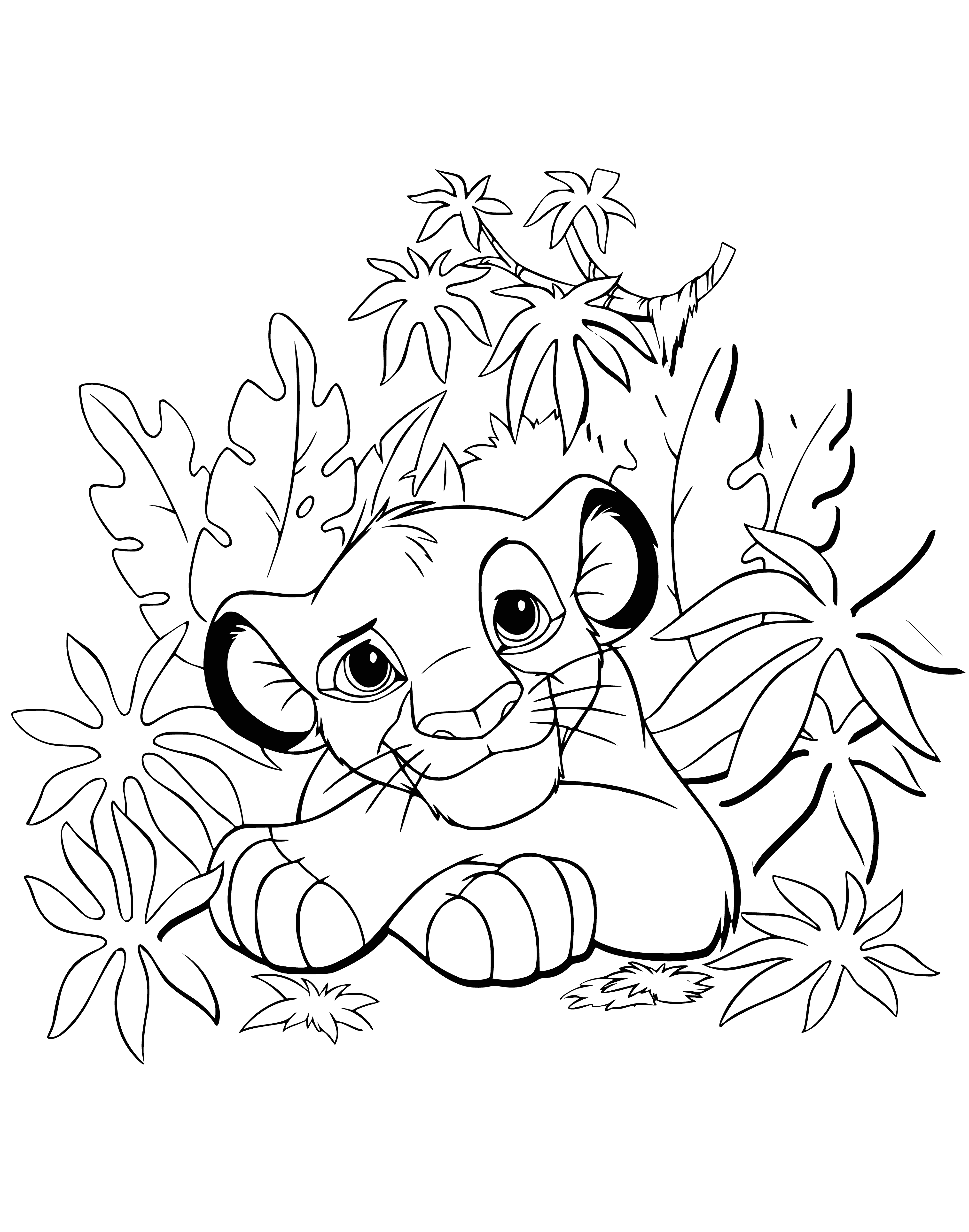 coloring page: Lion cub on savanna looks happy, w/light yellow fur and brown mane, smiling with tail up in air. Enjoying a grand time.