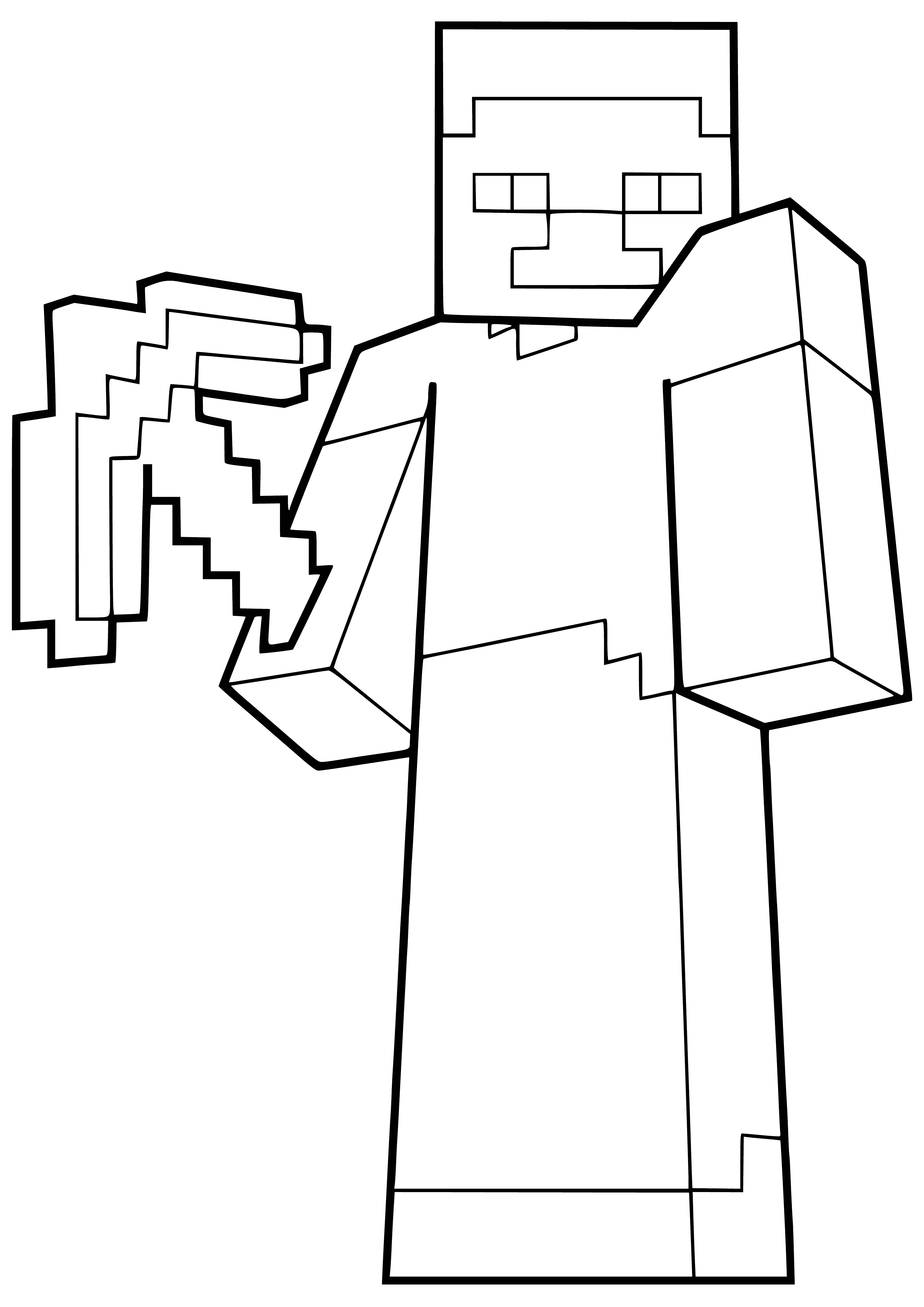 coloring page: A Minecraft player stands in grassy area with pickaxe, wearing blue jeans/white shirt & brown hair/beard. #minecraft #coloringpage