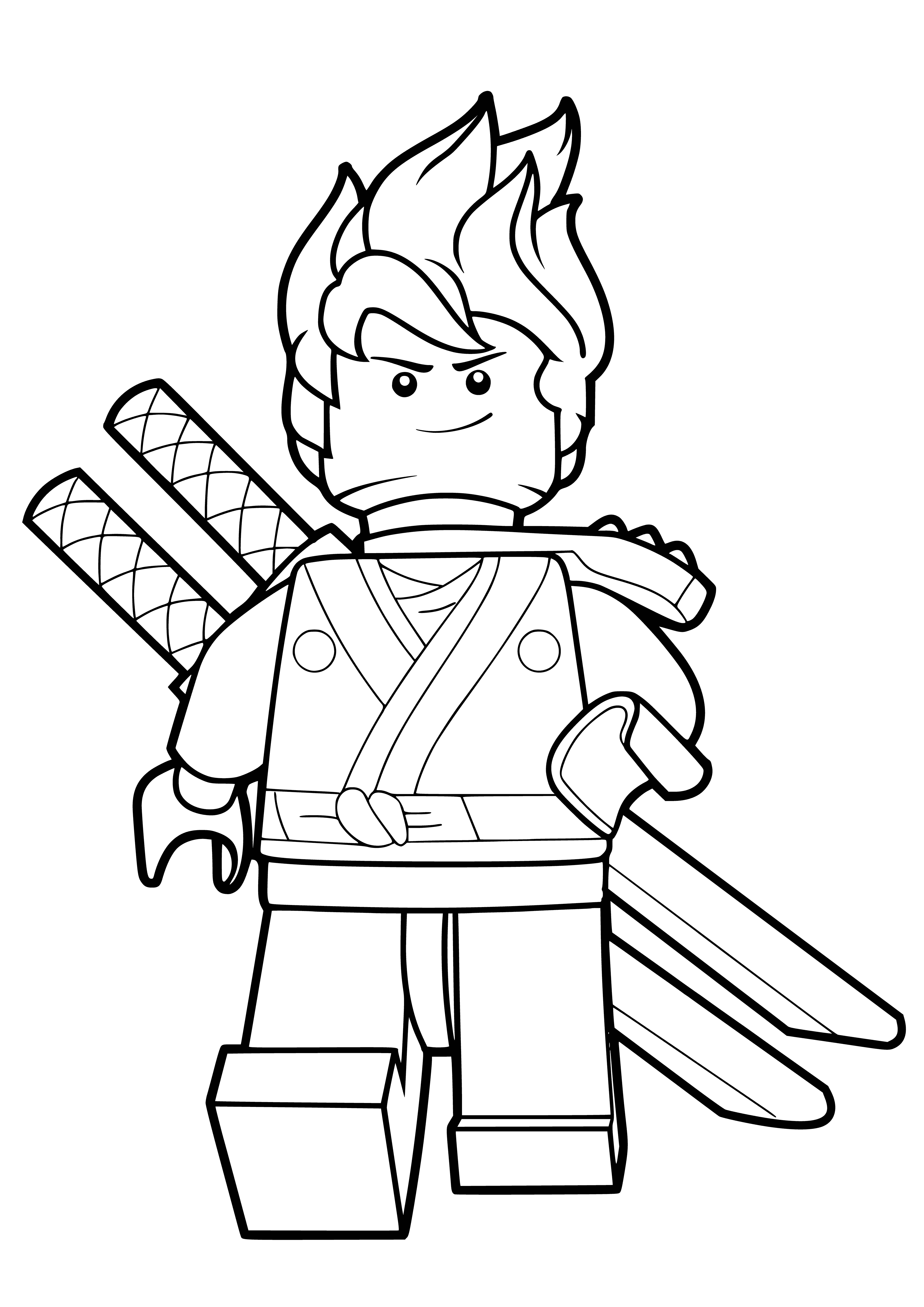 coloring page: Nine LEGO Ninjago characters in different colored ninja suits stand on a rock in a jungle setting with trees and vines in background. #LEGO #coloringpage