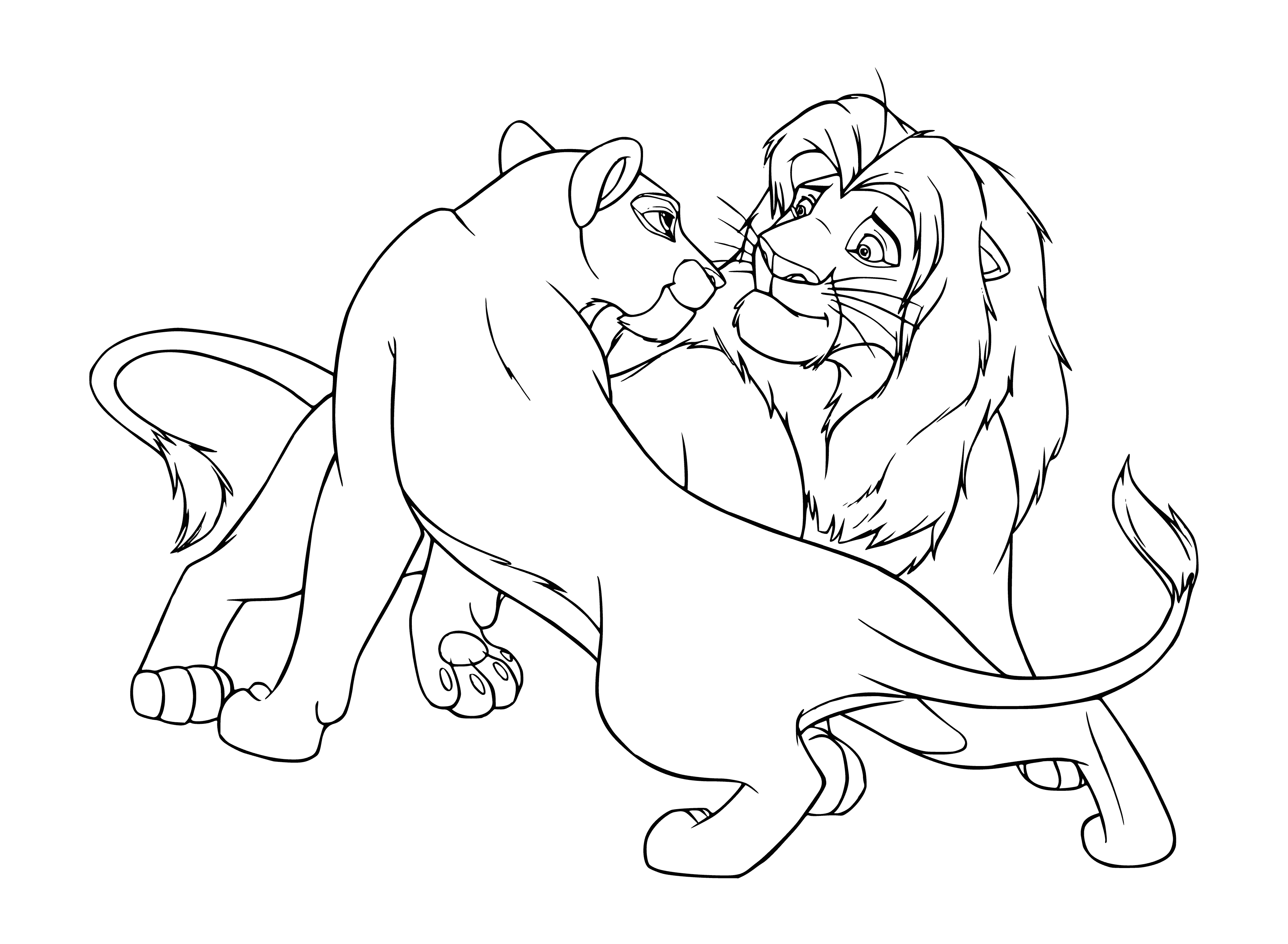 coloring page: Simba & Nala stand together, united, on a rock in serene harmony, in the savannah of adulthood. #LionKing