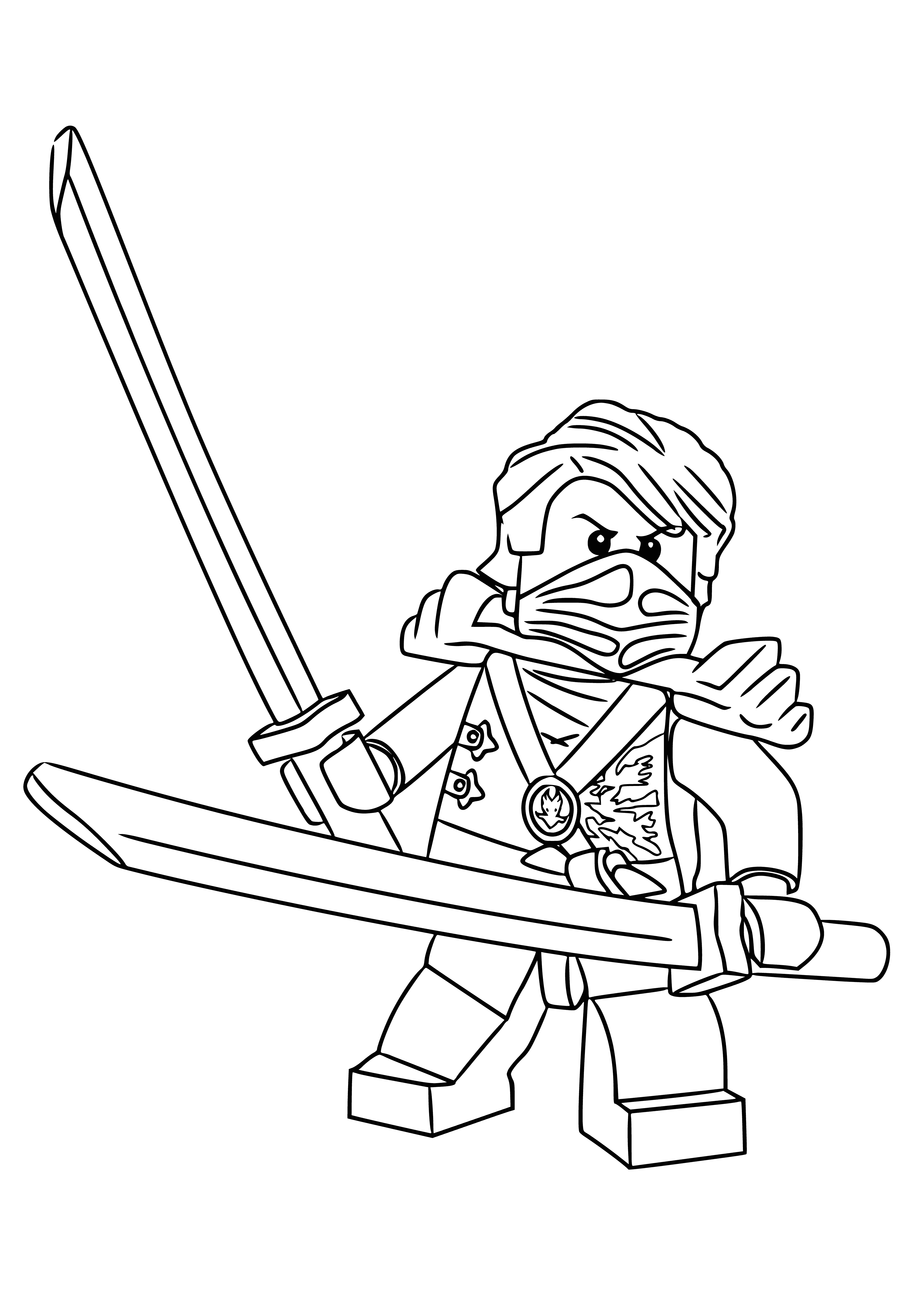 coloring page: LEGO Ninjago set with 4 ninja figures, each with a different color sword and outfit. One sword features a detachable chainsaw blade.