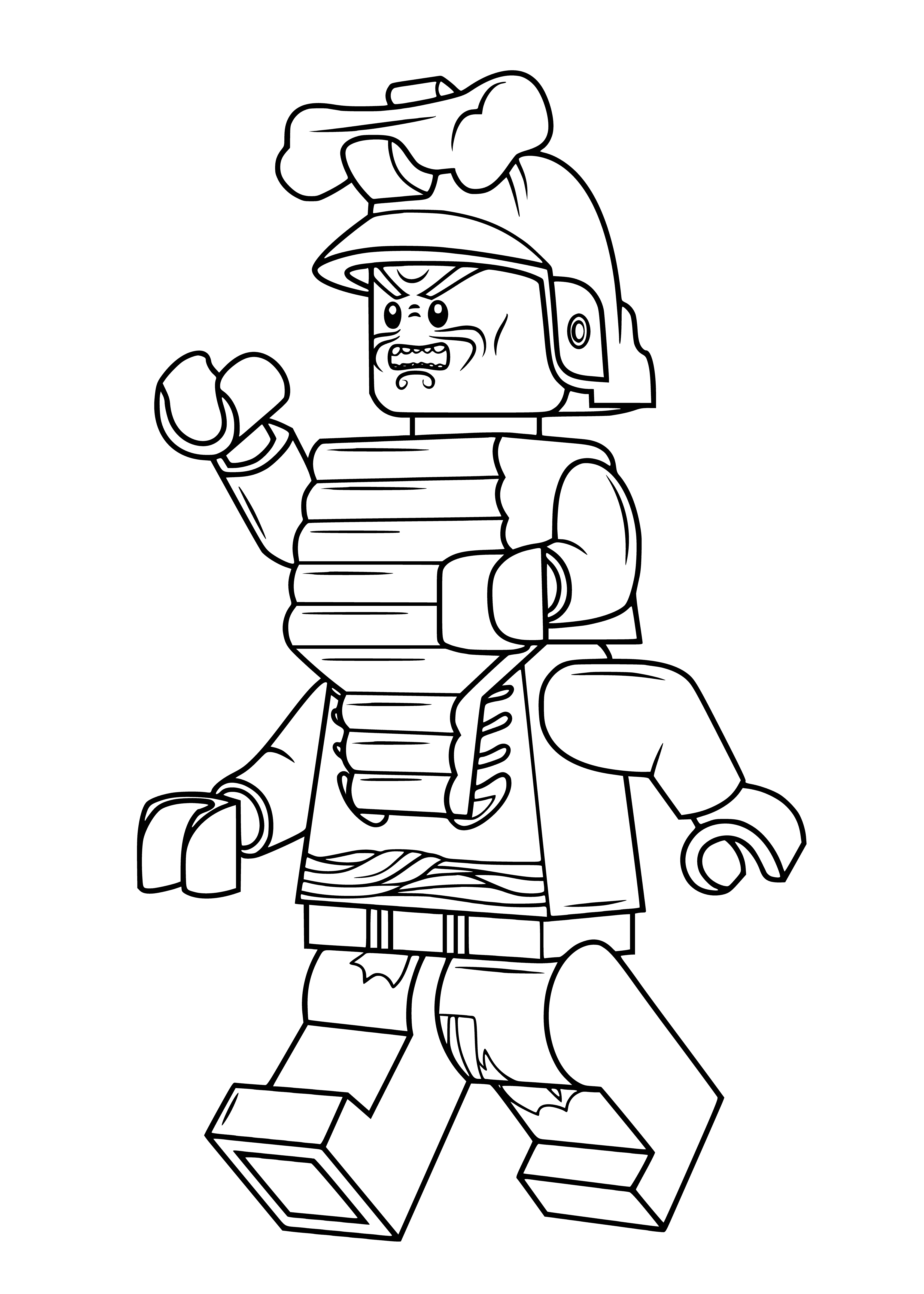 coloring page: LEGO Ninjago figure Garmadon stands on green base, has yellow features, black eyes/mouth, white beard/eyebrows, holding gray sword in right hand.
