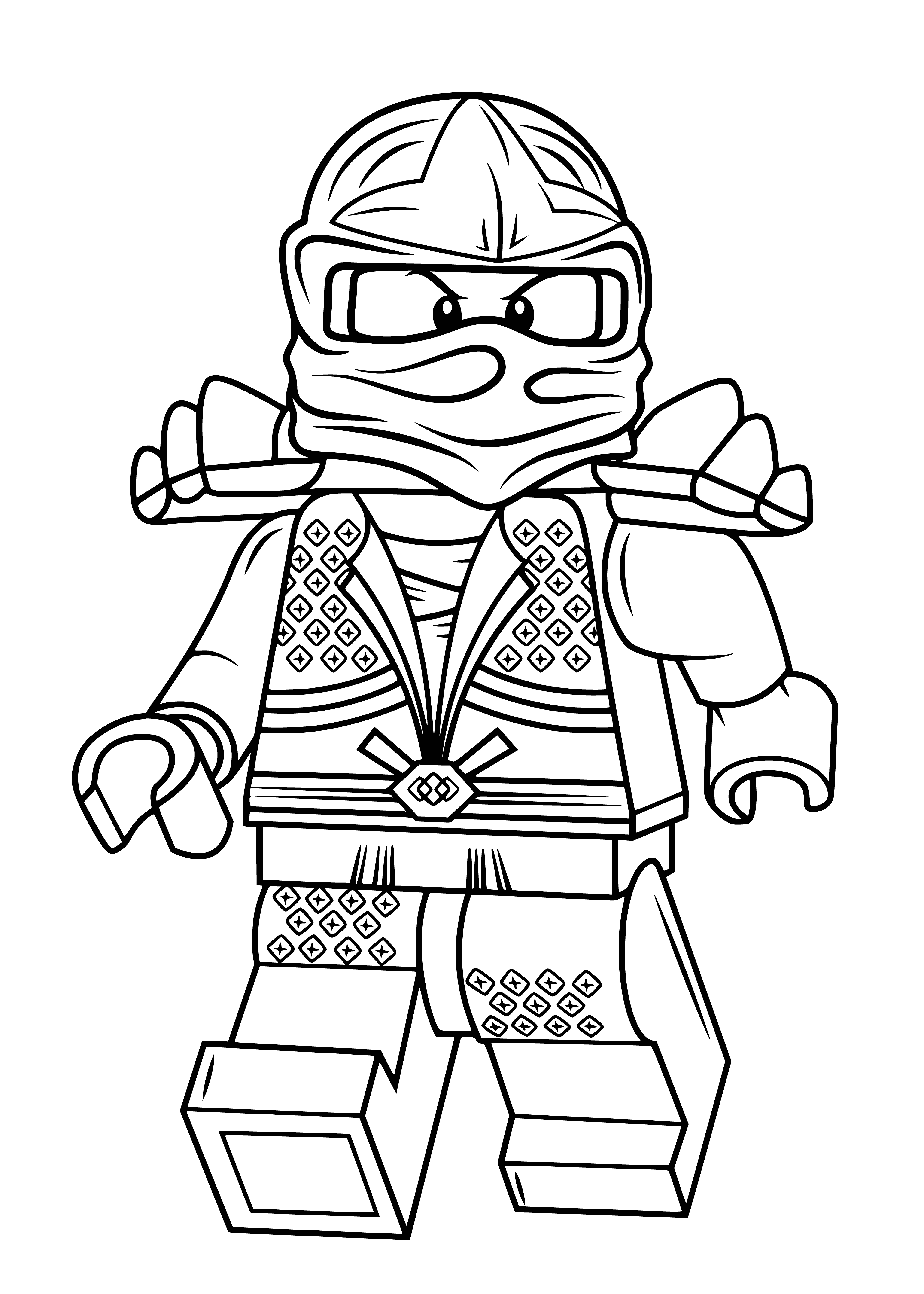 coloring page: Lloyd in green/grey armor with gold sword, standing next to green-eyed white/grey dragon on coloring page. #lego #ninjago