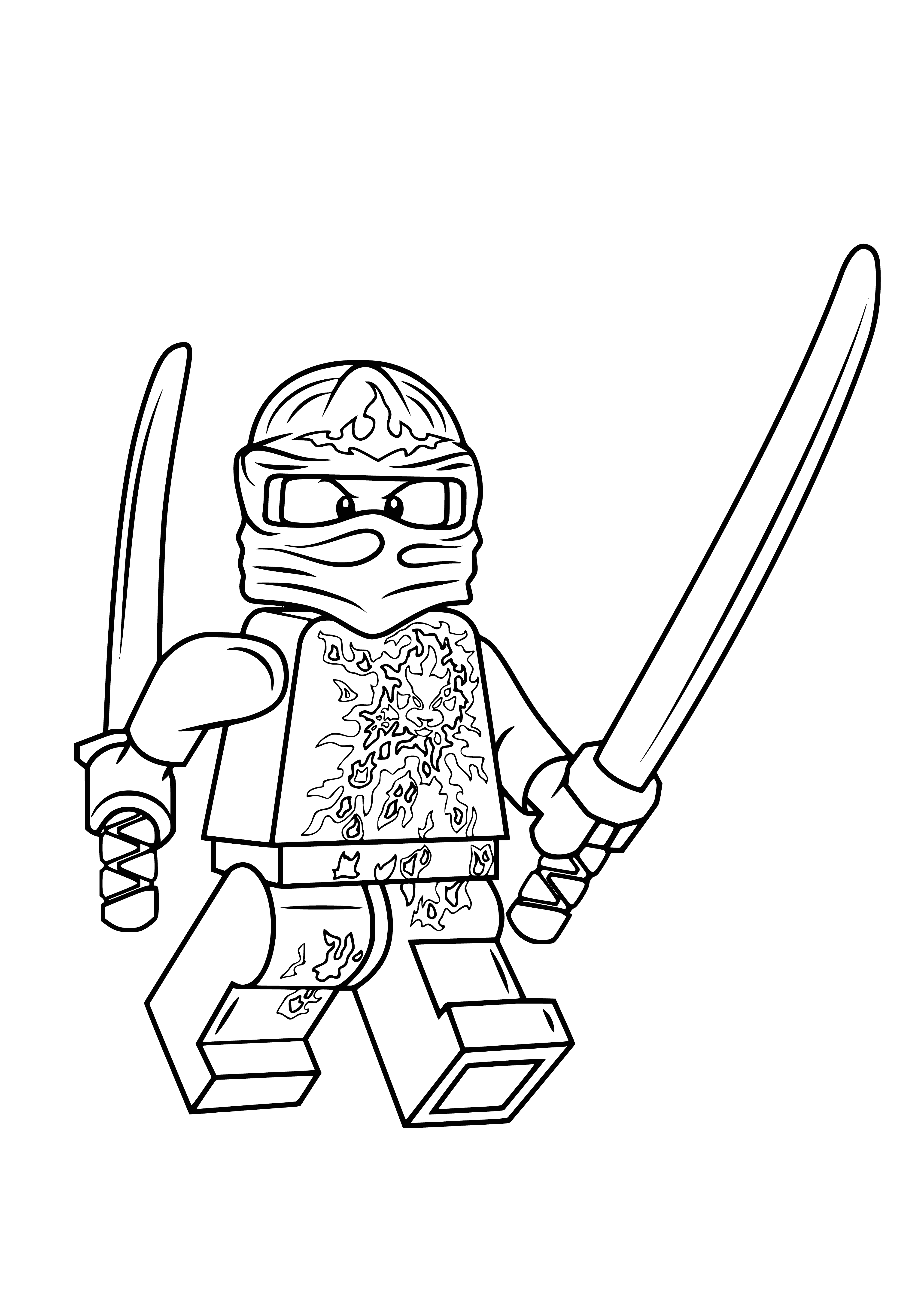coloring page: Assemble a plastic toy Lego Ninjago - Kai Nrg with a red, blue & yellow ninja on the front. "Ninjago" is printed on the bottom.