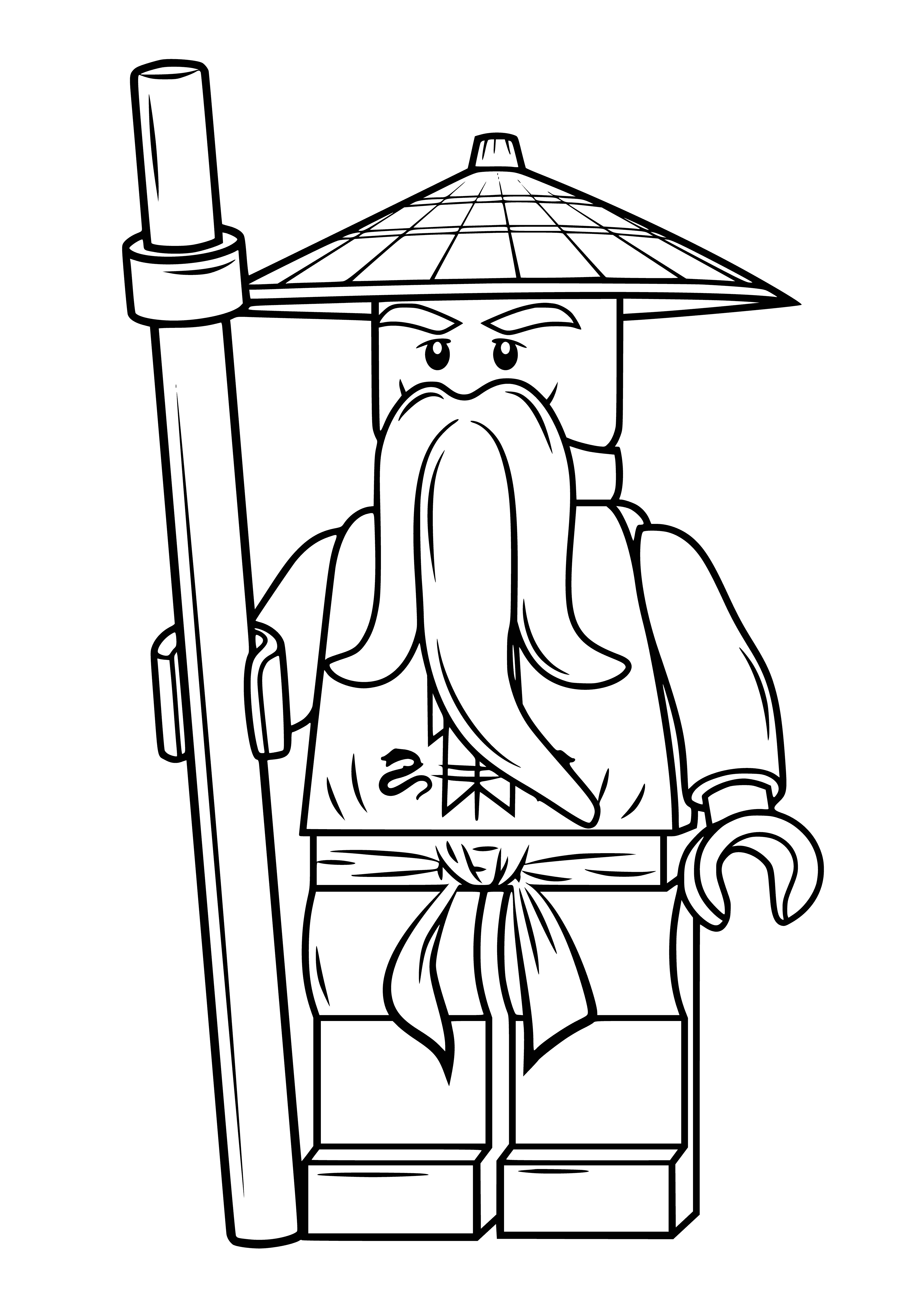 coloring page: Sensei Wu, bald with white beard wearing red robe & gold belt, sternly holds gold staff.