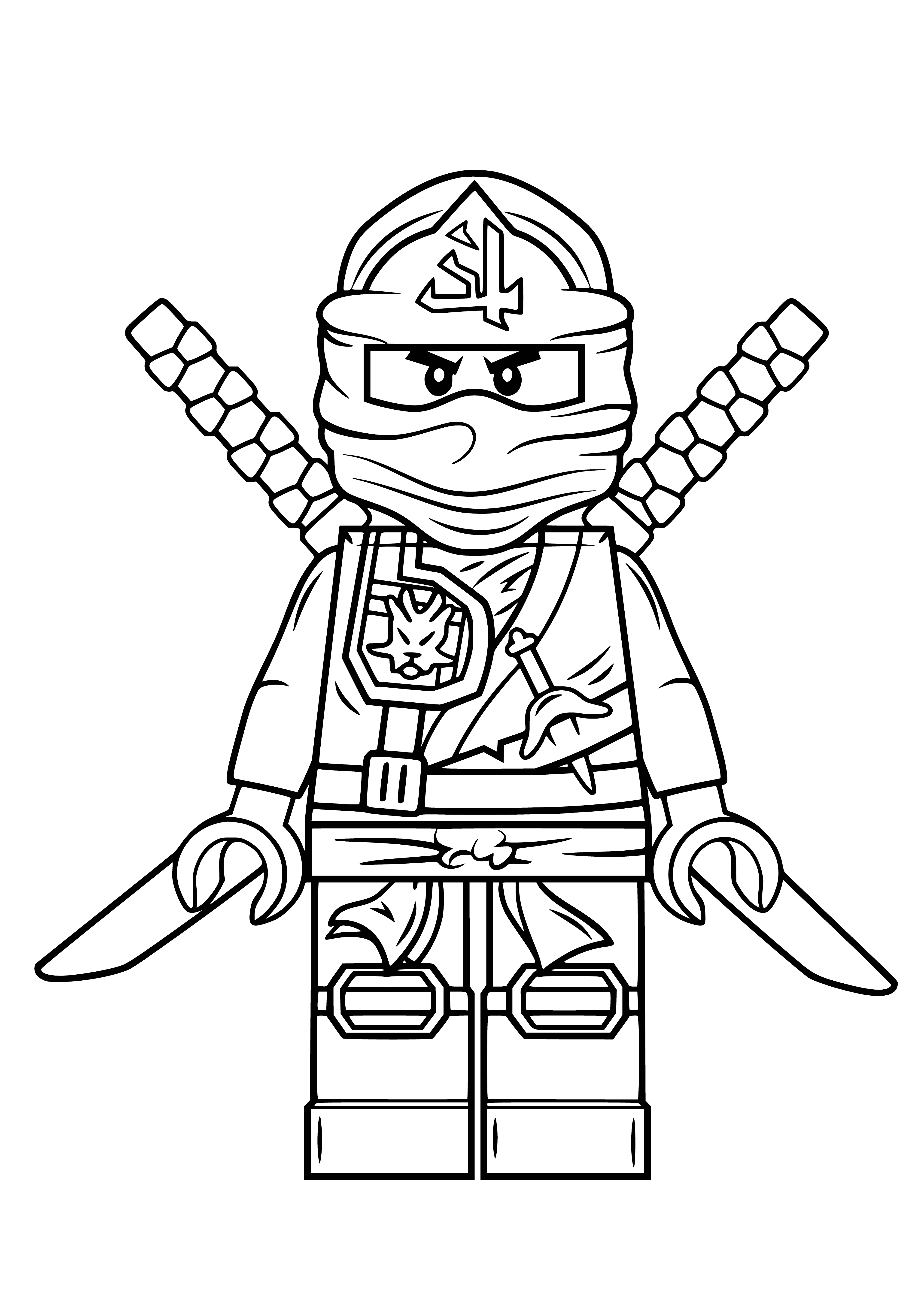 coloring page: Green ninja has green face mask, hood, shirt, pants, belt w/snake & swords. #LEGONinjago