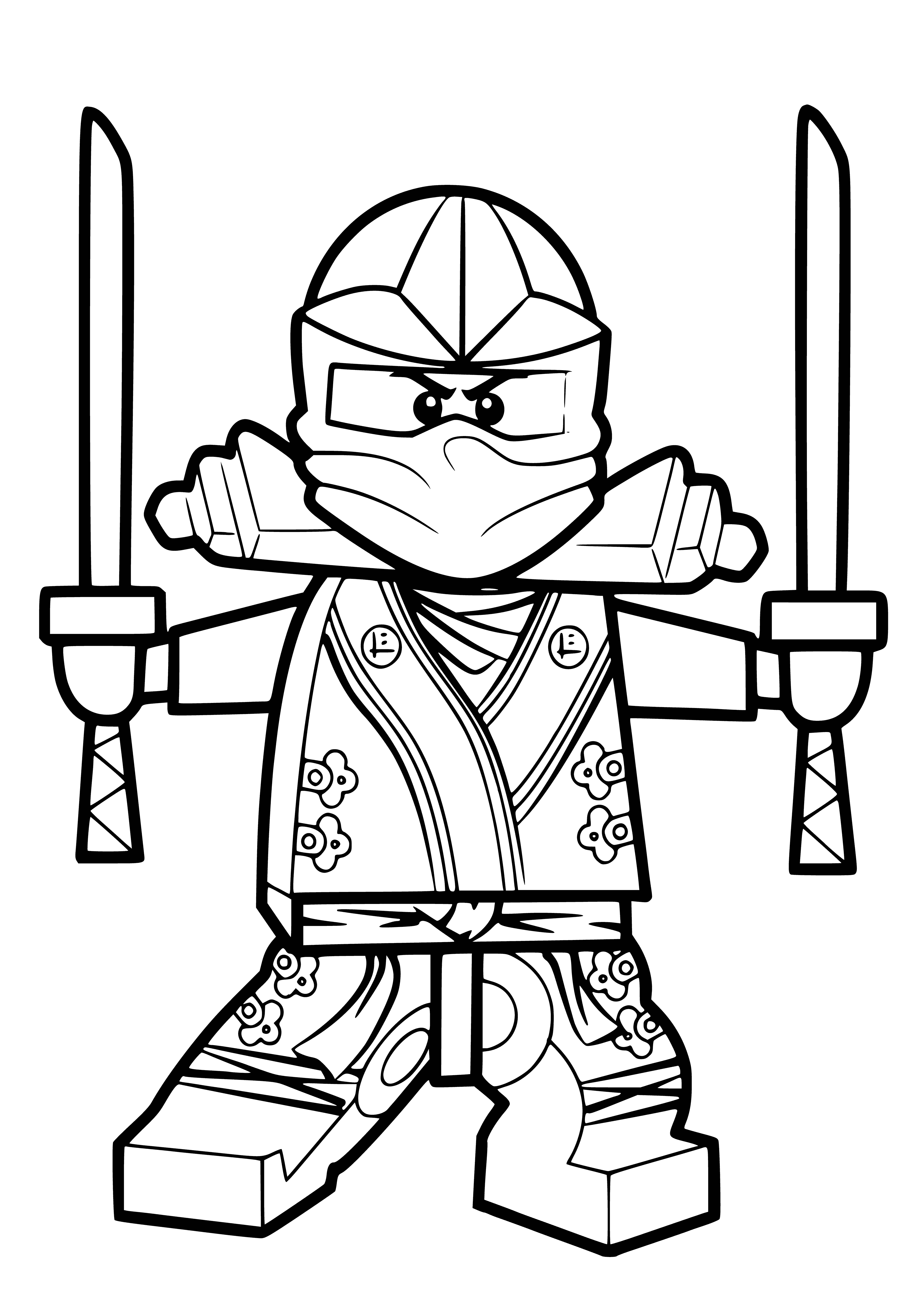 coloring page: Six Lego ninjas with swords fight in traditional ninja poses on the coloring page. Two fly through the air while the rest stand on the ground ready to battle.