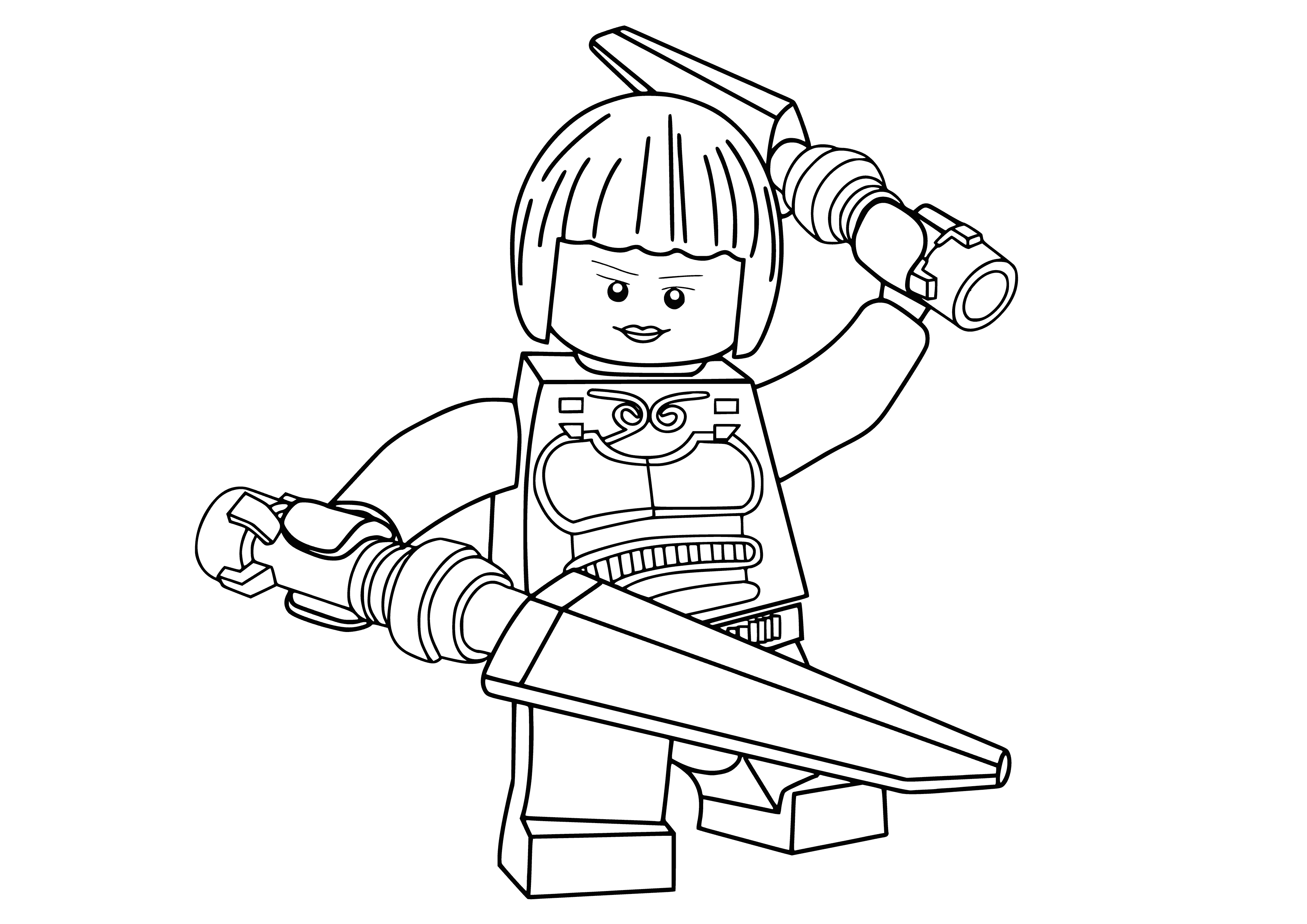 coloring page: Nia is an adventurous black-haired minifigure with brown eyes and a ninja outfit. She wears a white belt and a gold necklace w/ a red gem. #LEGONinjago