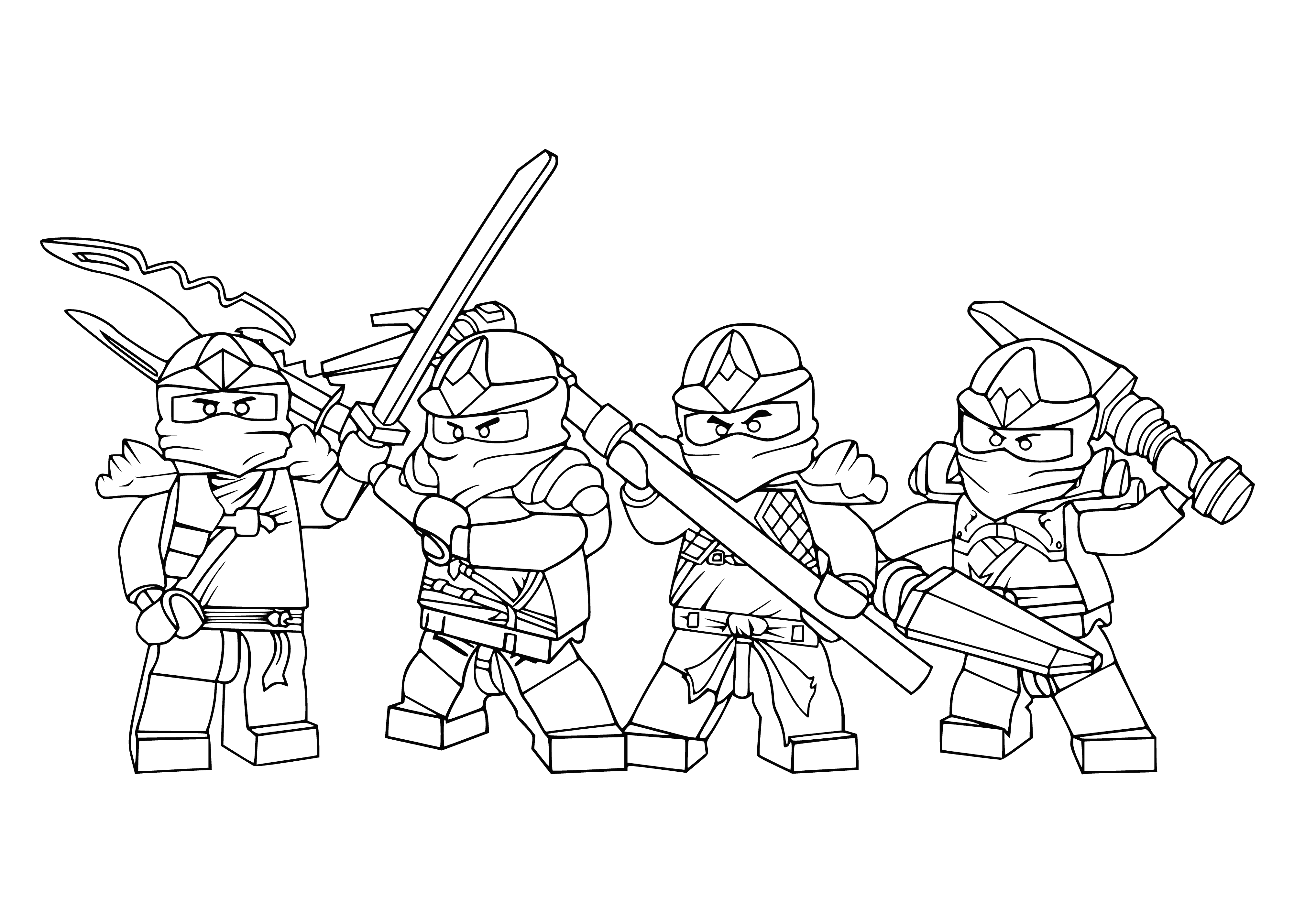 coloring page: Four LEGO ninjas: two on a building, one jumping off & one on the ground with swords.