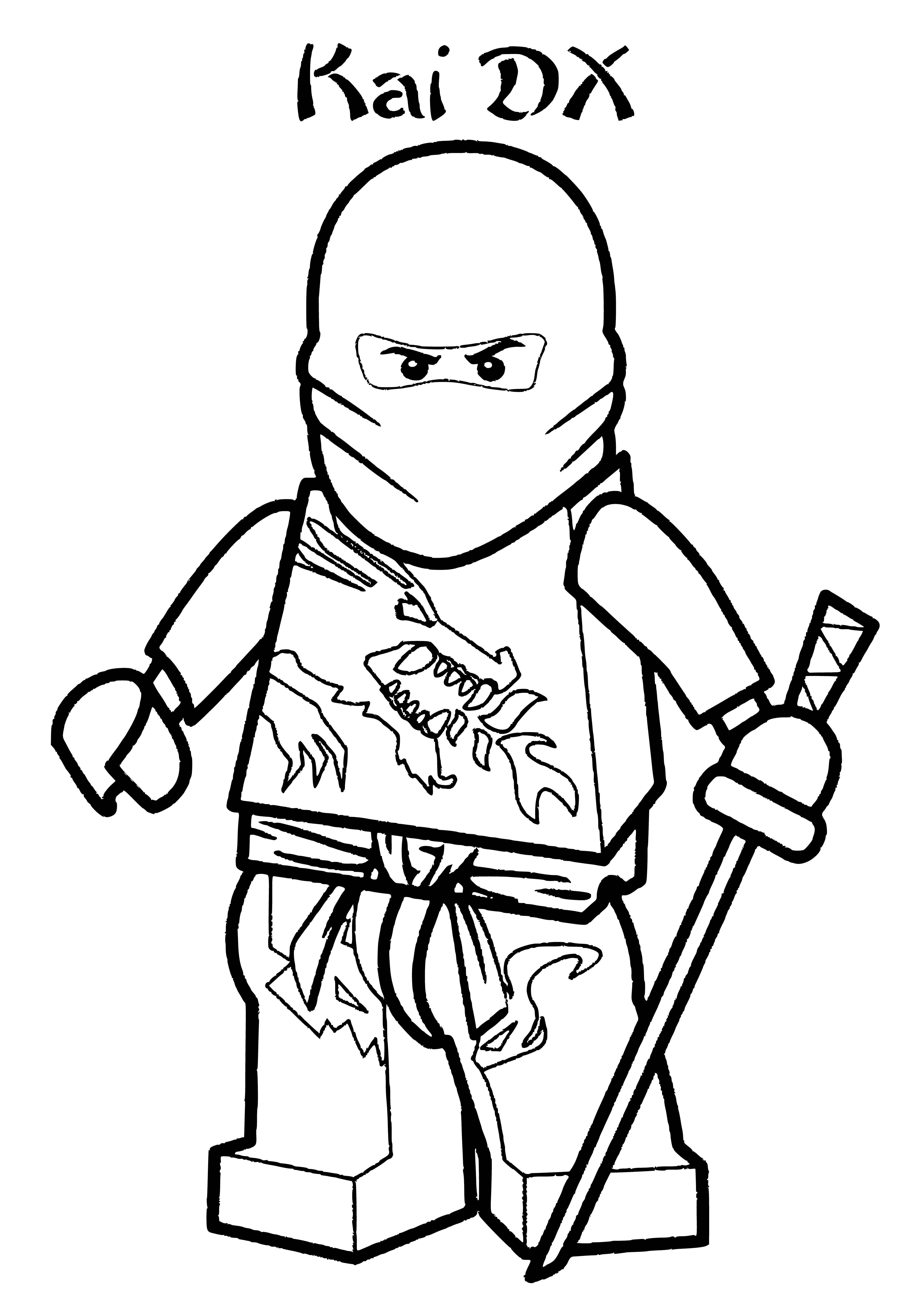 coloring page: Kai, a ninja from LEGO Ninjago, stands in the center of the coloring page. He wears a red & gold outfit and wields a gold sword. A red dragon with gold wings flies behind him.