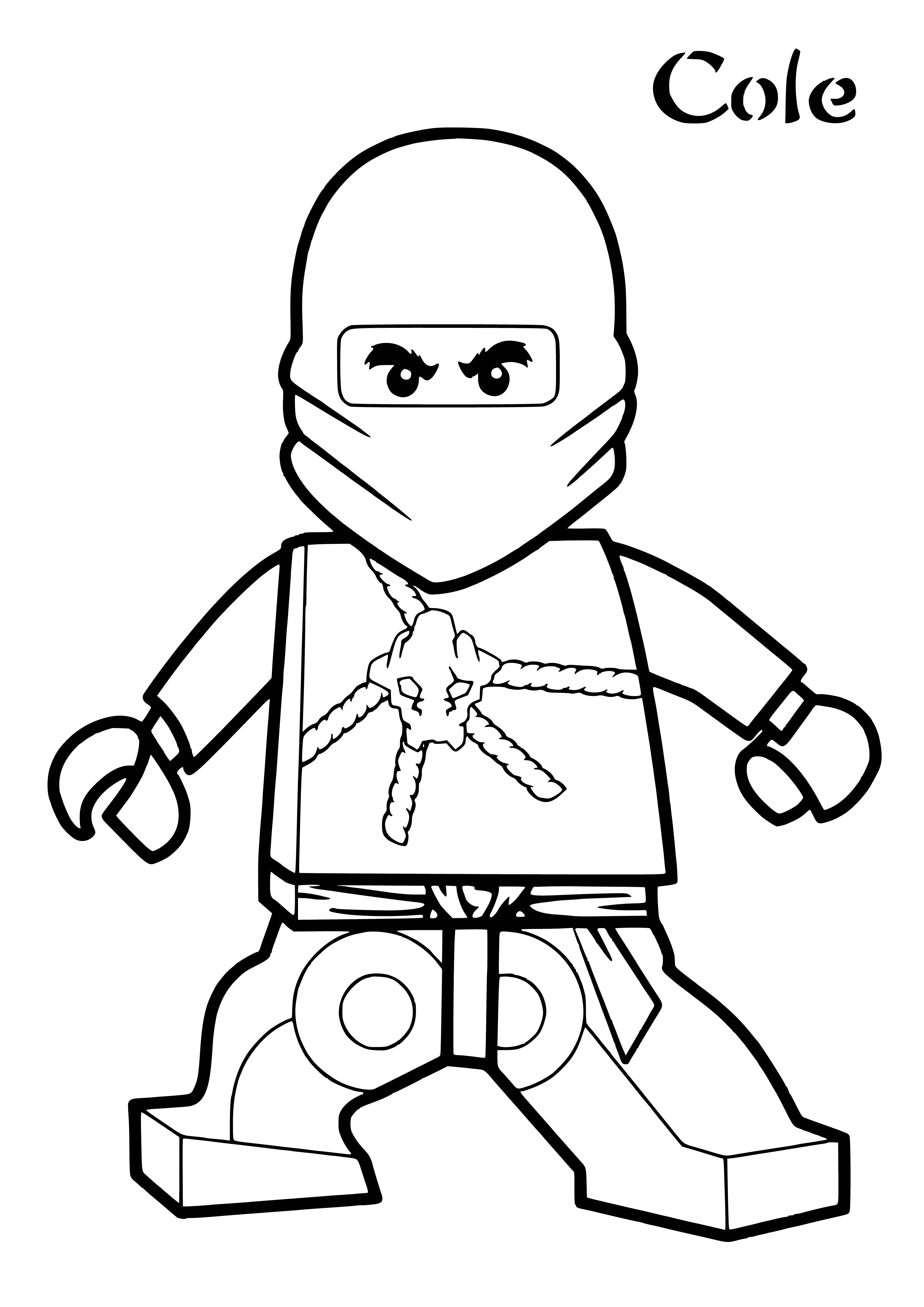 coloring page: LEGO figure of ninja w/ mask, cloak & swords standing on brick--perfect for imaginative play!