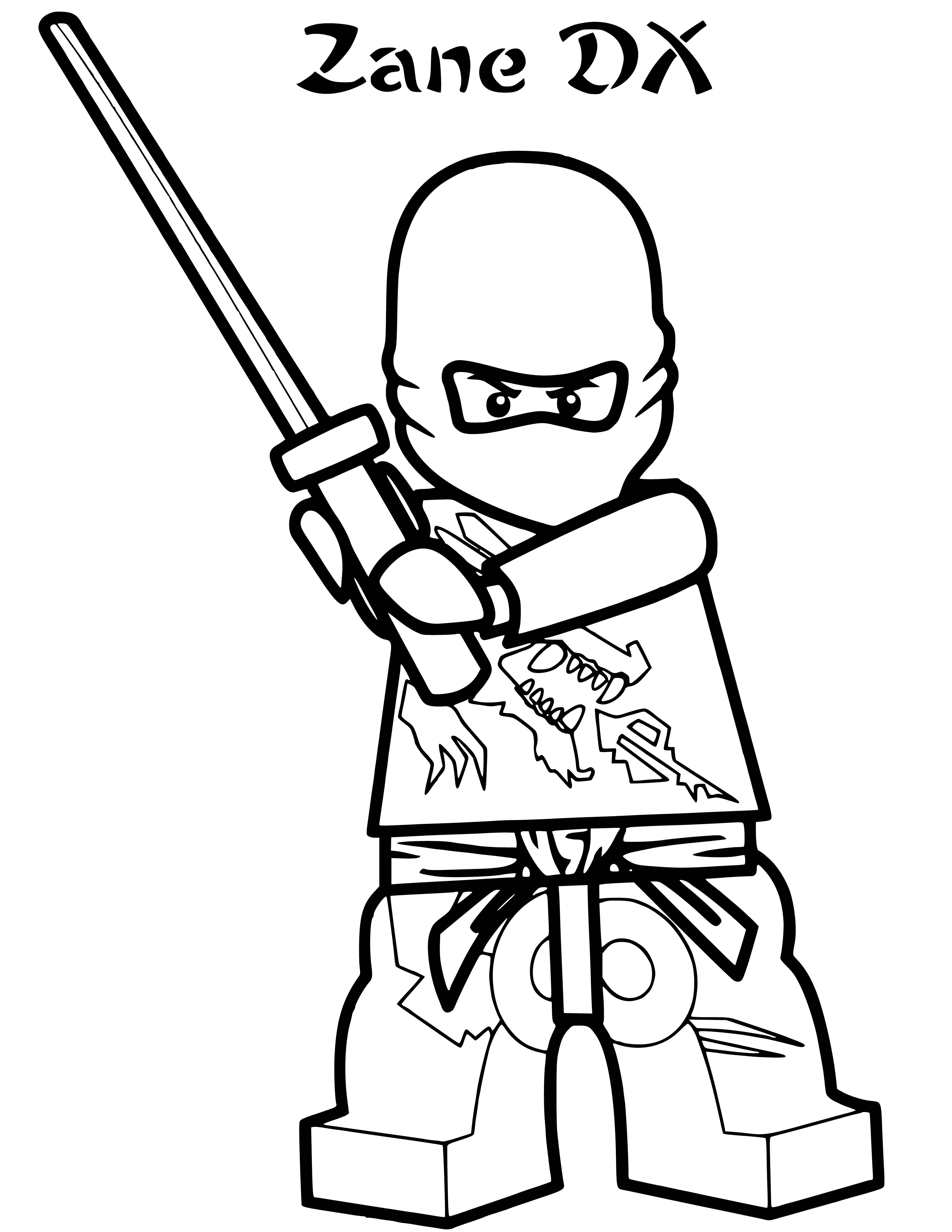 coloring page: Zane is a LEGO ninja minifigure with a black & silver color scheme, double-sided head, black hairpiece, & silver katana & bow & arrow.