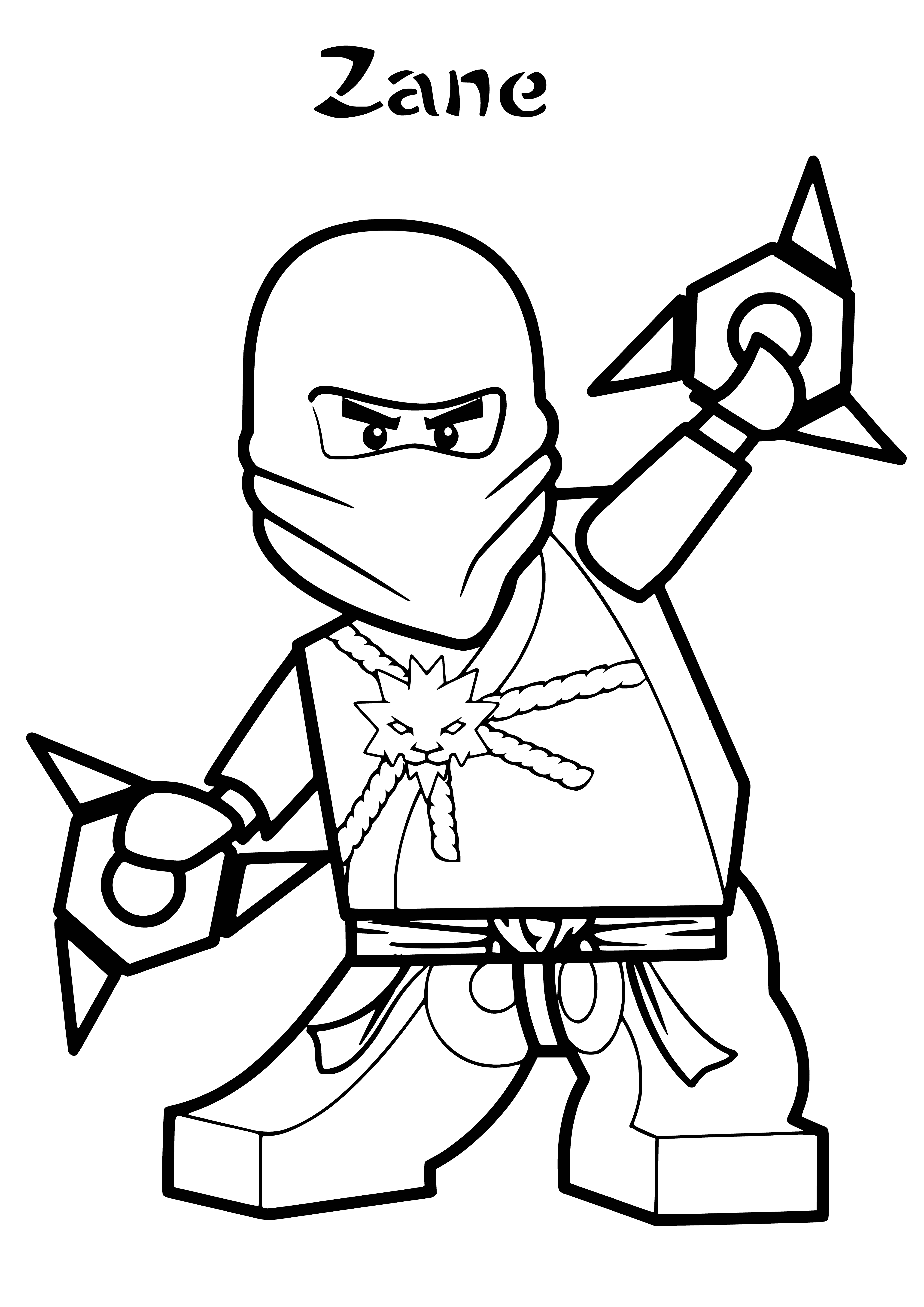 coloring page: LEGO figurine of white ninja w/sharp face, white mask, cape, & twin swords!