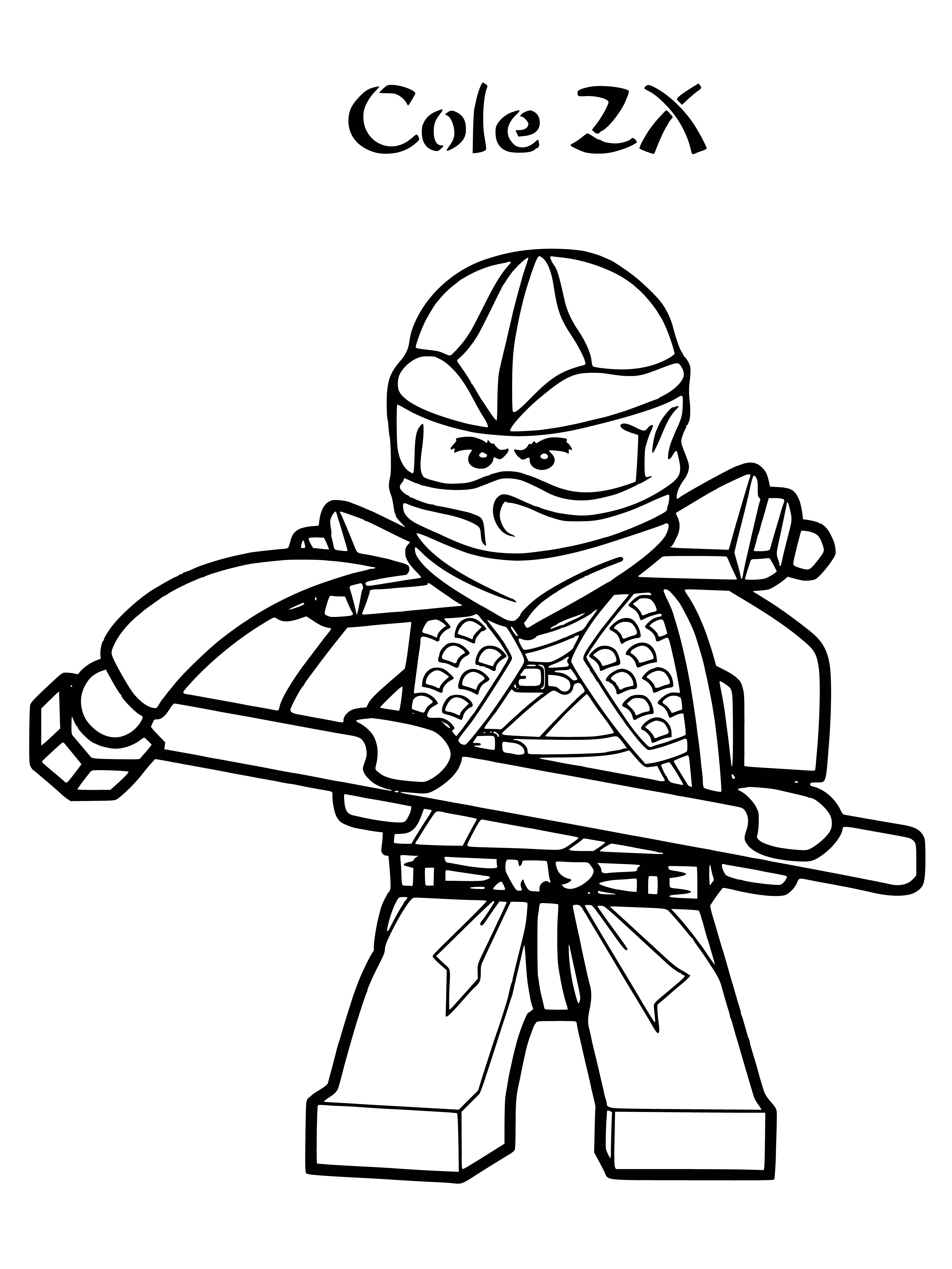 coloring page: Cole, a LEGO Ninjago character, stands in center with black & gray attire, a yellow headband and a sword. Behind him is a LEGO bldg and a small dragon.