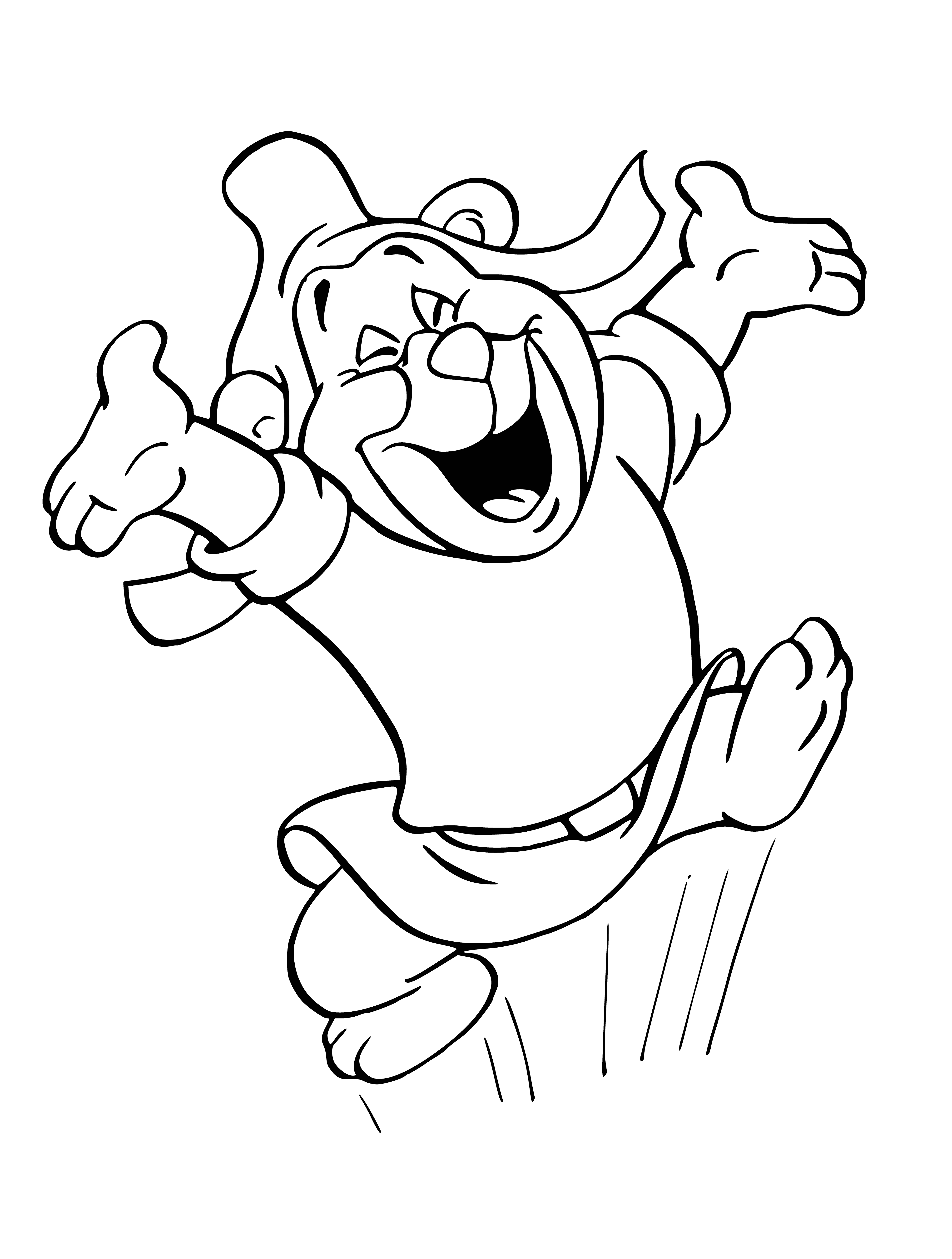 coloring page: Eight gummy bears of different colors are sitting on a white plate with arms crossed: four yellow, two green, one blue, and one red.
