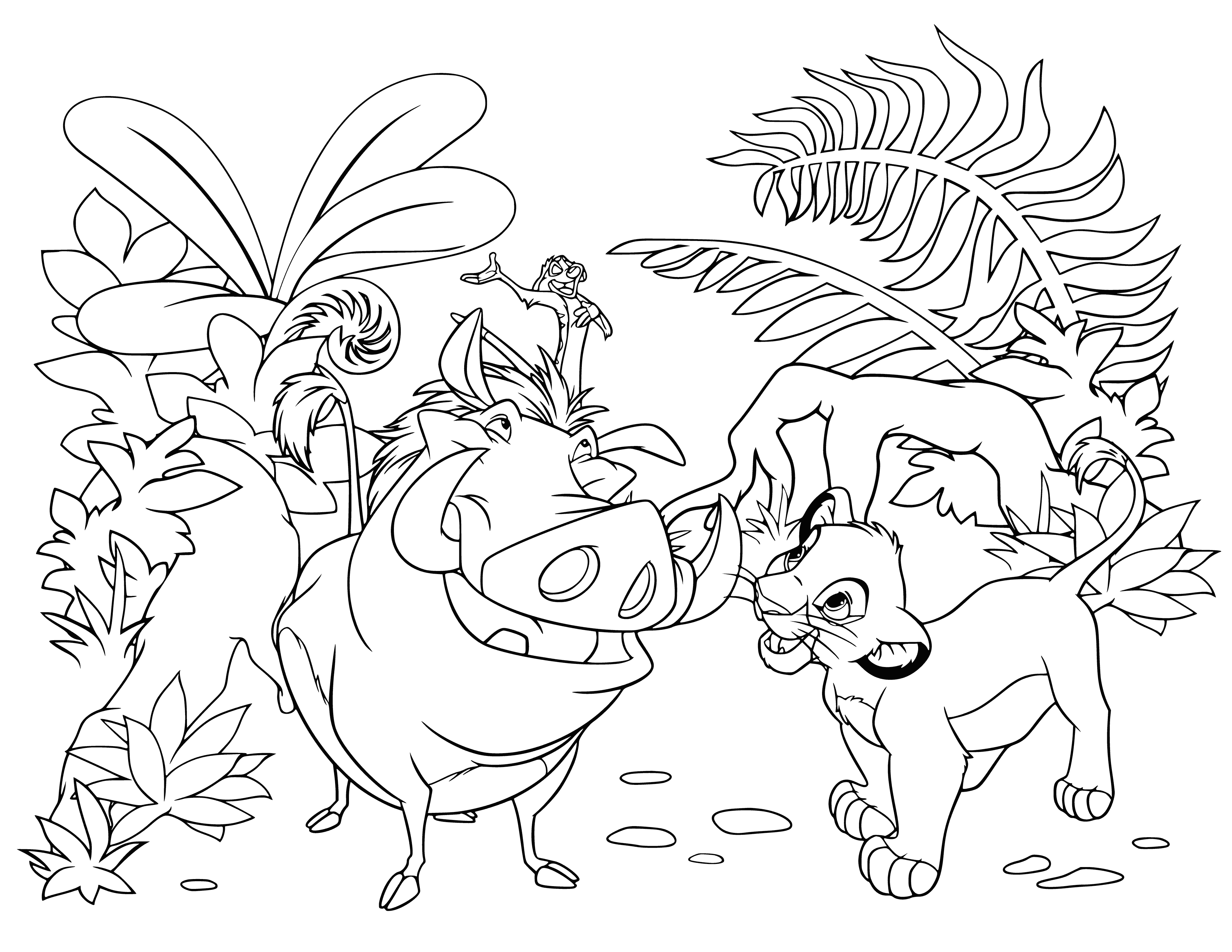 coloring page: Three friendly animals—lion, warthog, and meerkat—all in one coloring page! #CutenessOverload