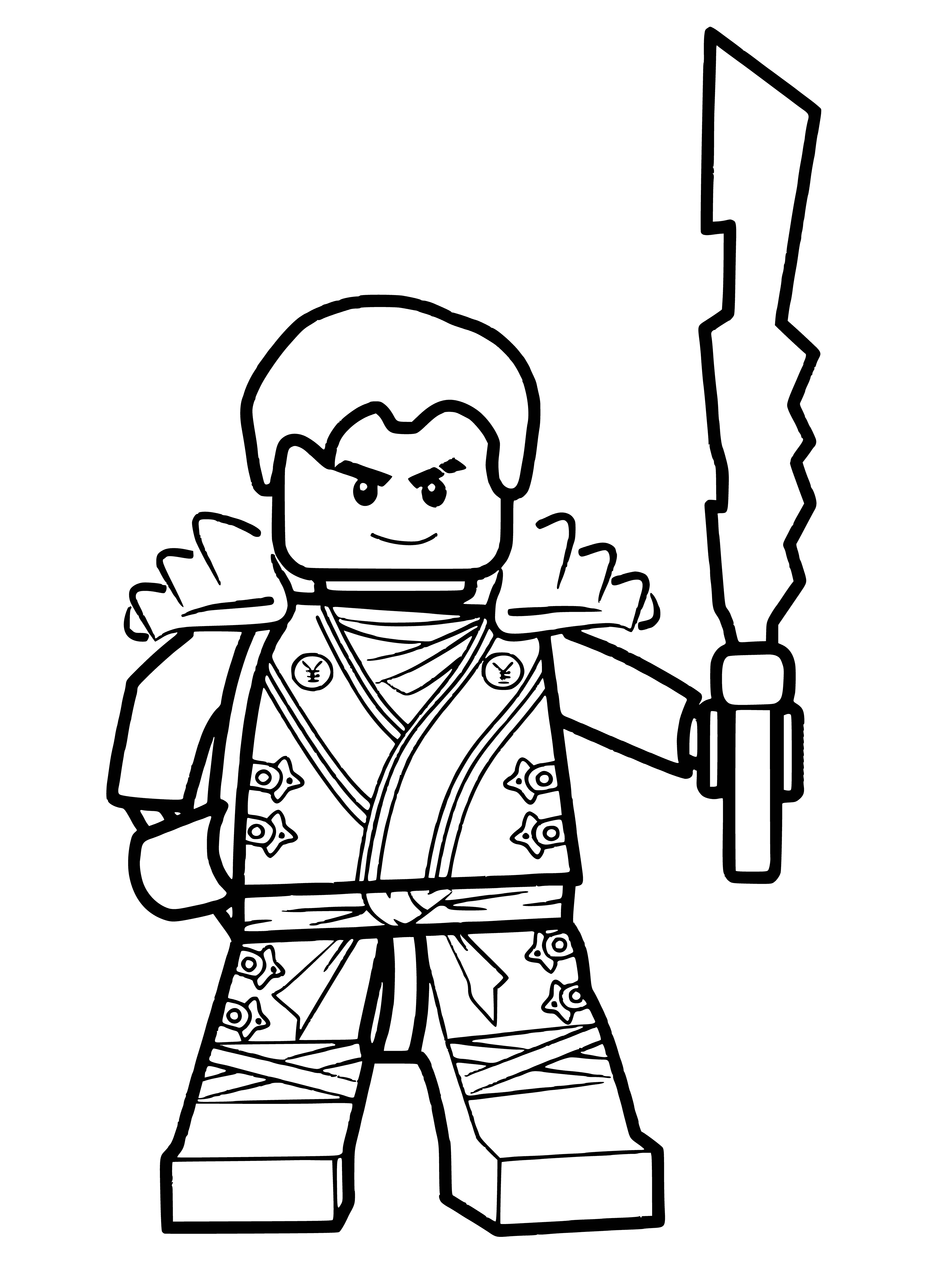 coloring page: Ninja LEGO figure in all black with red scarf and katana sword, silver belt and chain, red backpack. Ready to battle! #NinjaLife