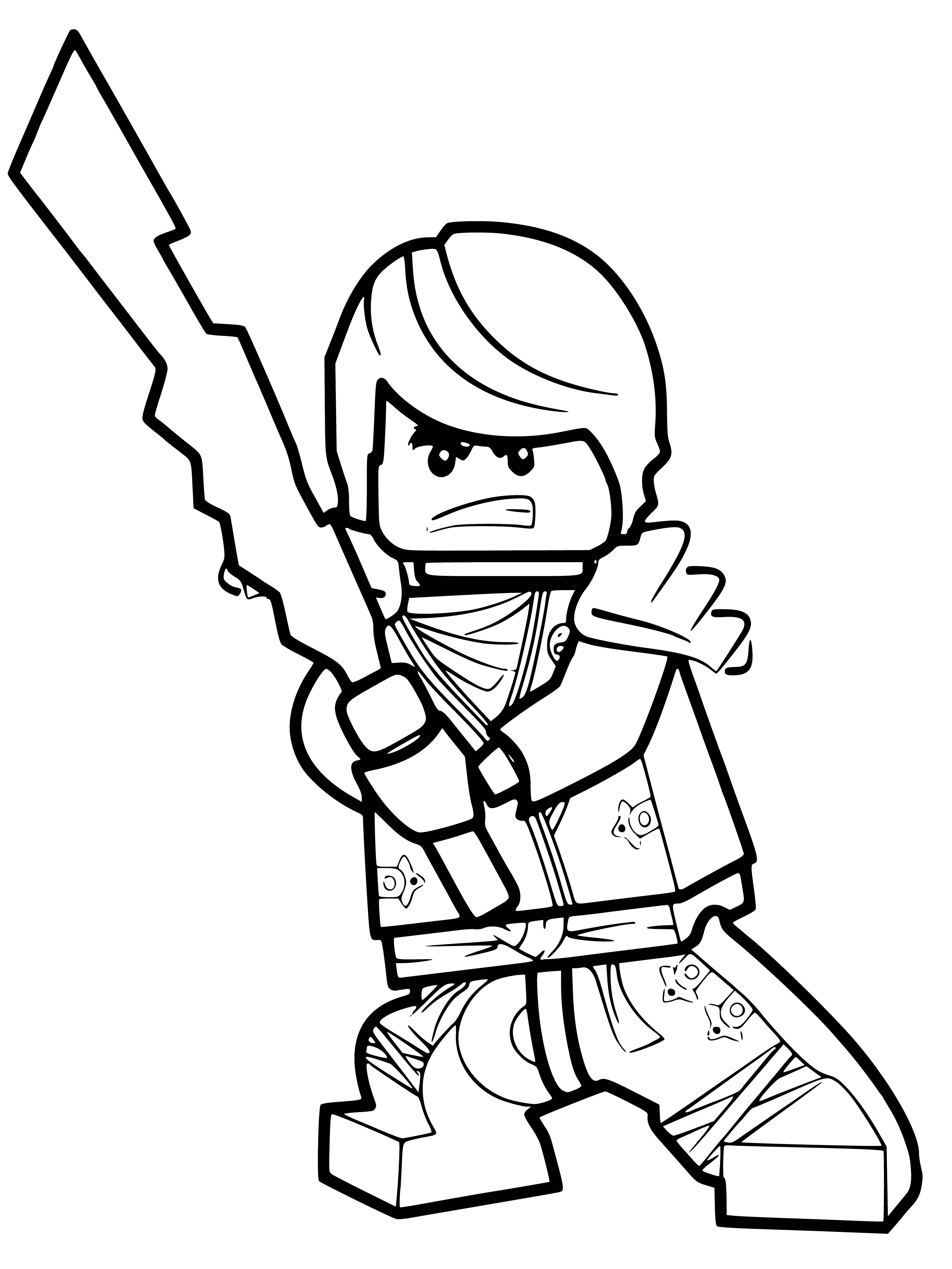 coloring page: 4 Lego ninjas in different fighting stances (katanas, nunchucks & empty-handed) against a wall with "LEGO NINJAGO" printed in yellow.