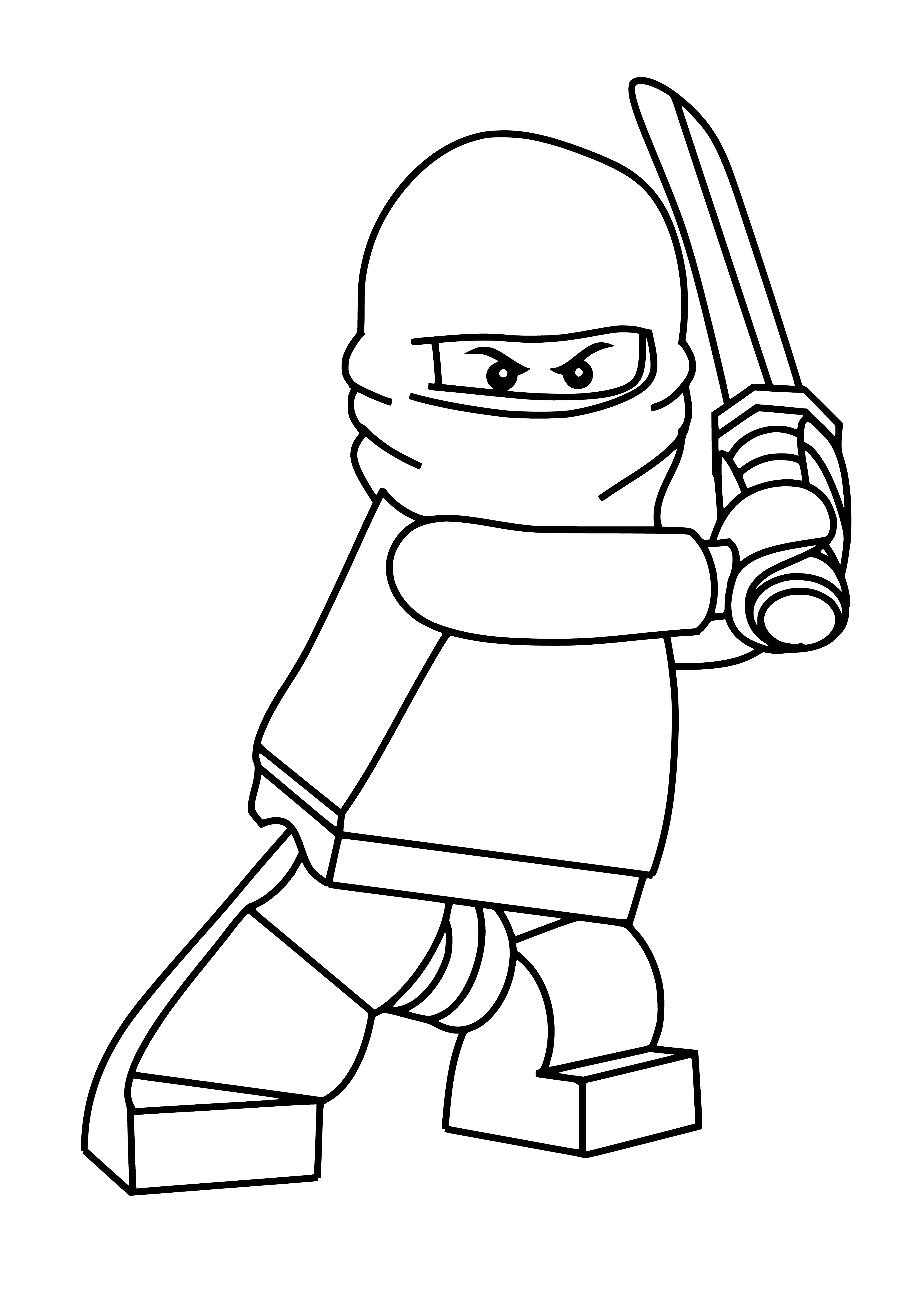 coloring page: LEGO ninja figurine with sword & katana, all-black samarai-inspired look, ready for battle.