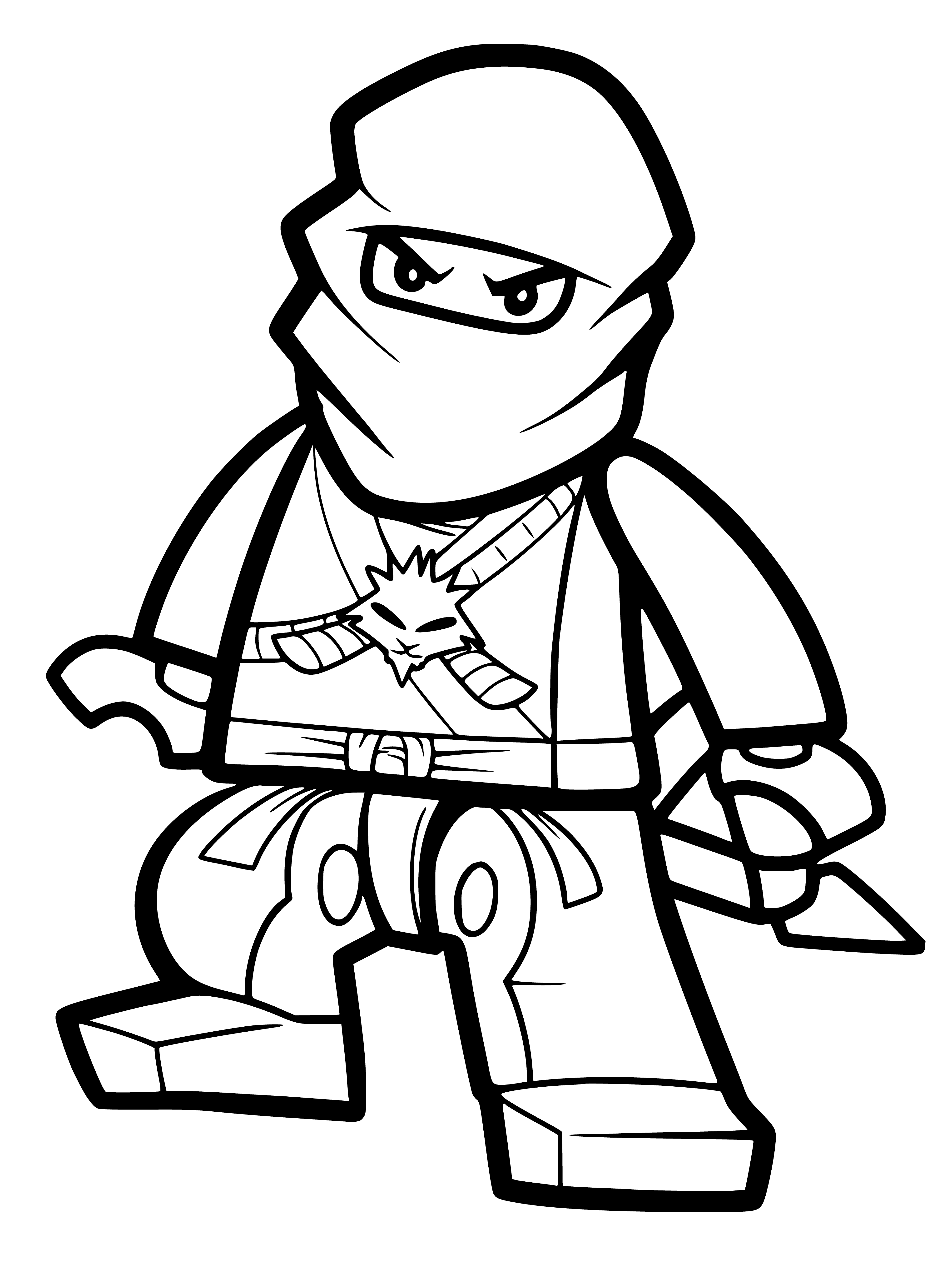 coloring page: Ninja figure made of Lego blocks wearing a black ninja suit and red belt, red scarf, black mask, and hood, holding a katana sword.