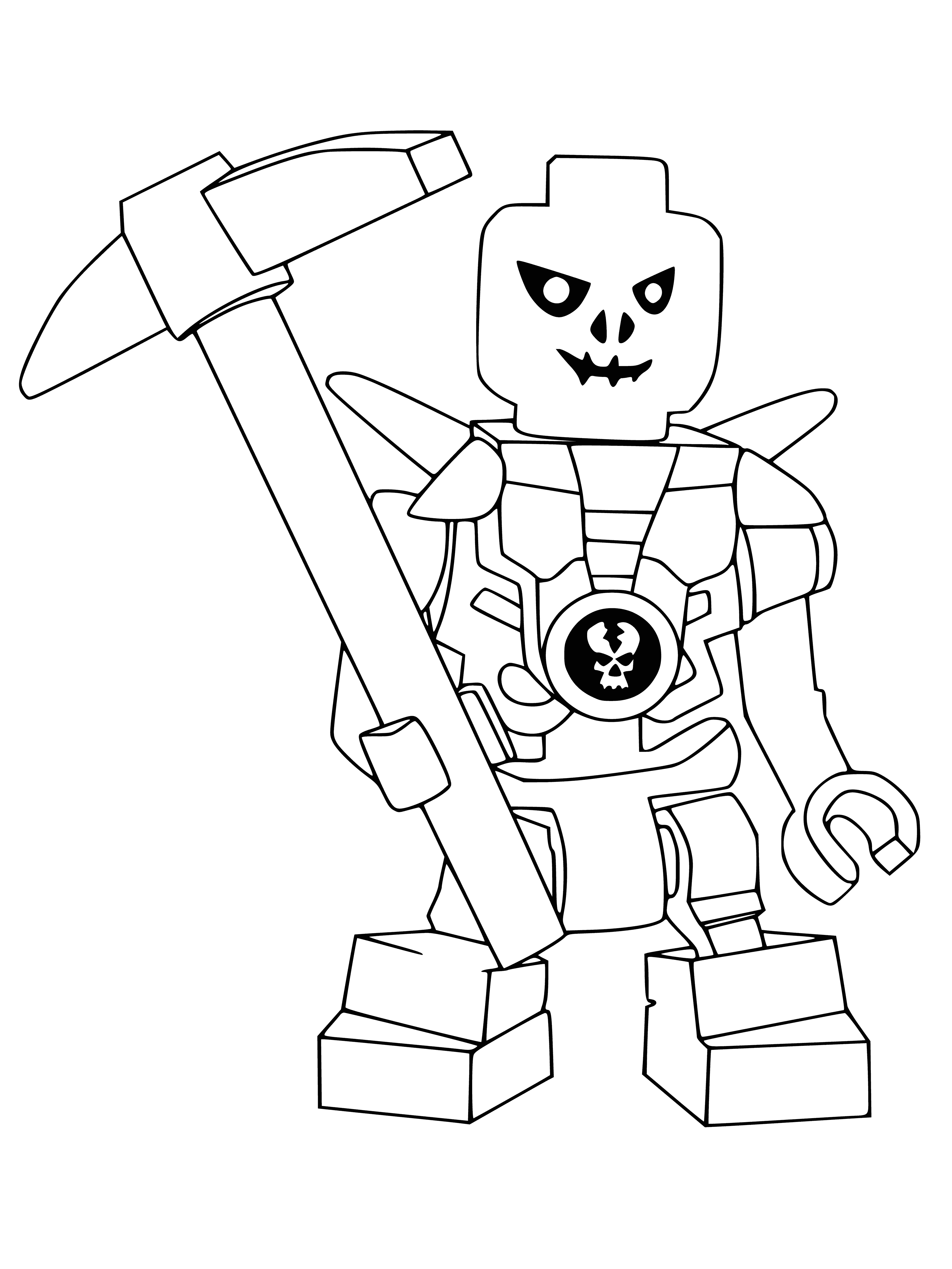 coloring page: LEGO skeleton with ninja outfit and sword. Black eyes, white body.