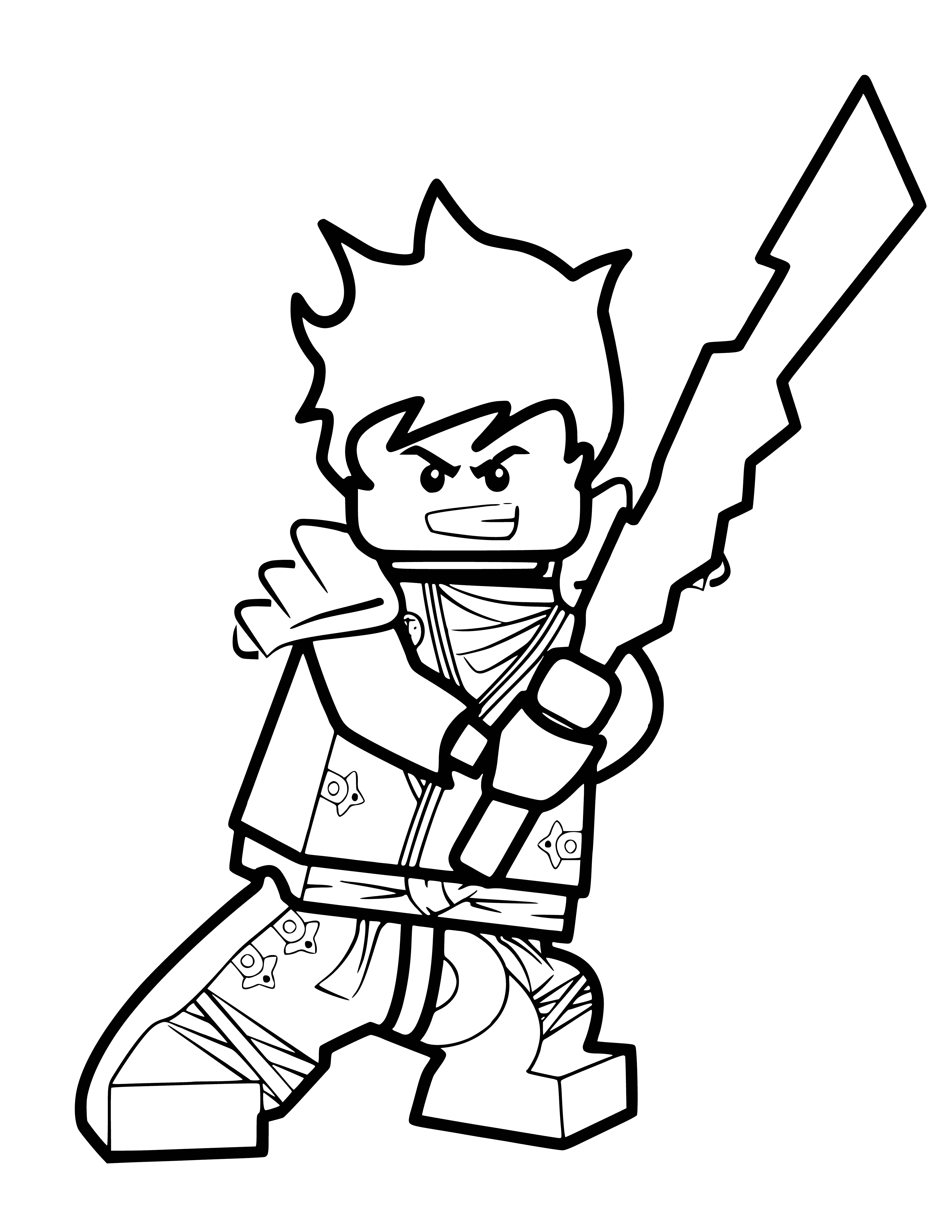 coloring page: Young man in ninja outfit holding golden sword poses in martial arts stance.