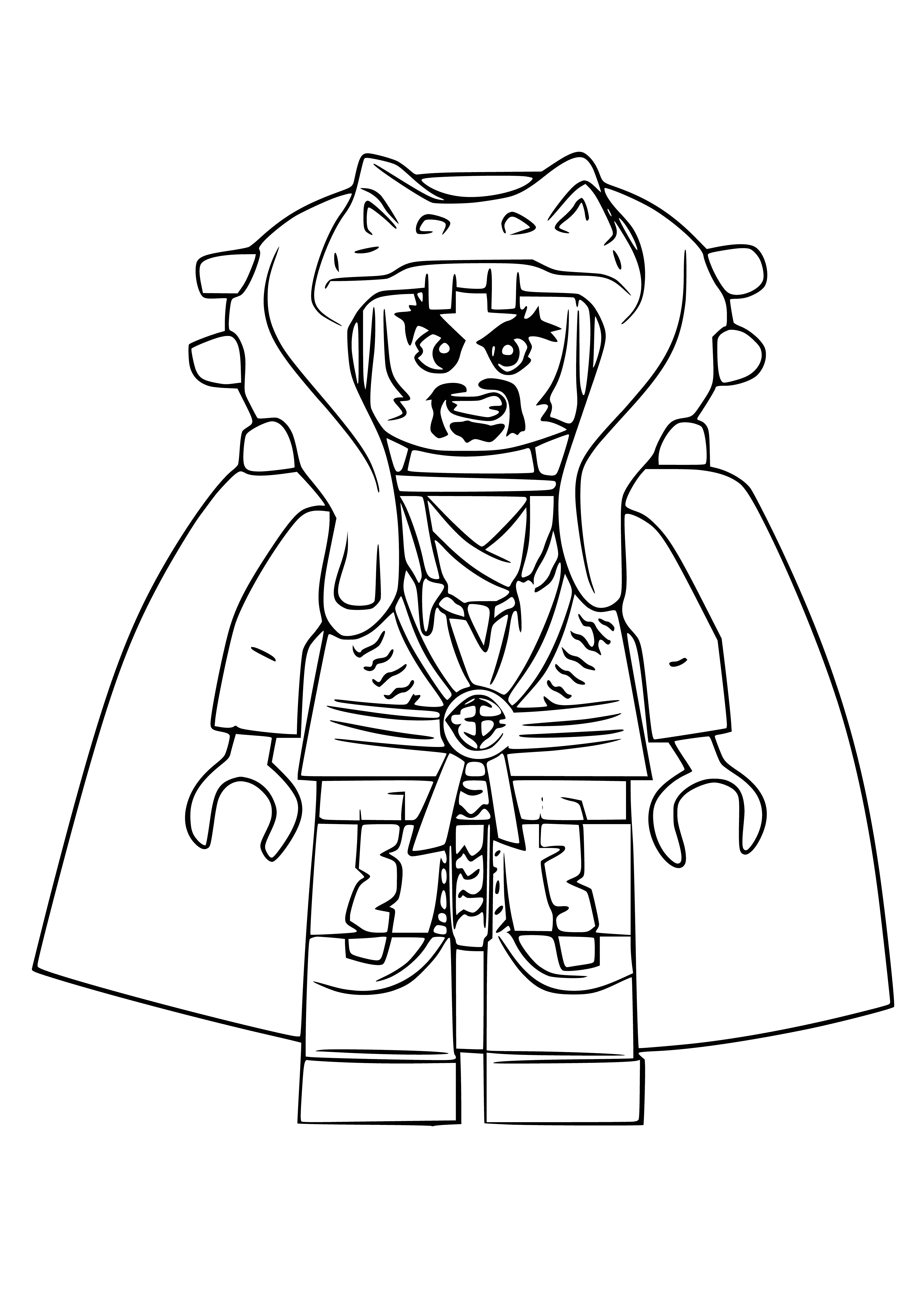 coloring page: Ninjago character with a blue headband, gray beard/moustache, purple cape, white collar. Holding staff in right hand; 4 small blue balls around head.