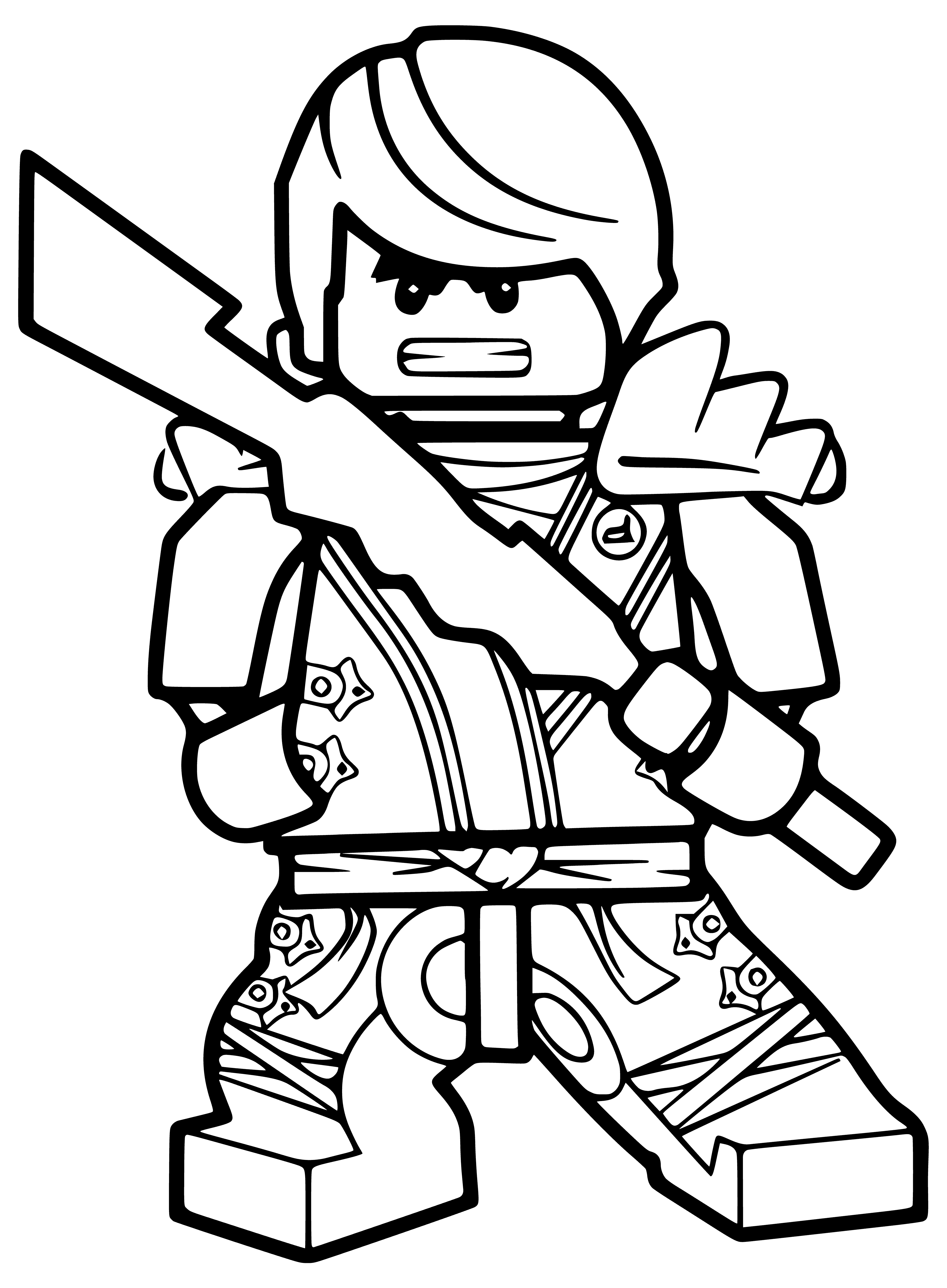 coloring page: 4 Lego ninjas in different colors stand/fly, hold swords, hoods up. Orange-bot left, blue-bot right, black-top left, white-top right.