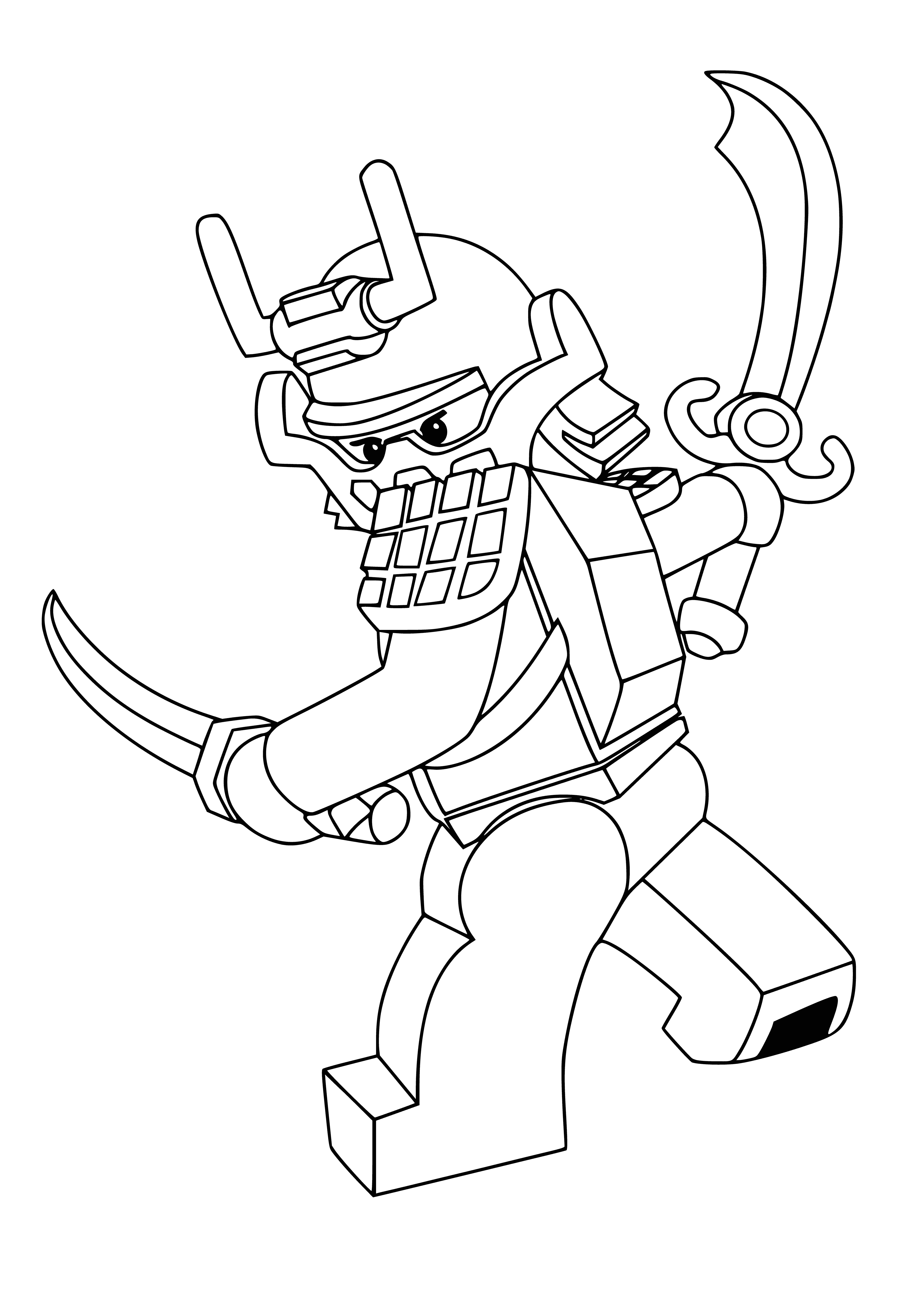 coloring page: Ninja stands on LEGO platform, wielding sword and shield in LEGO suit with hood.