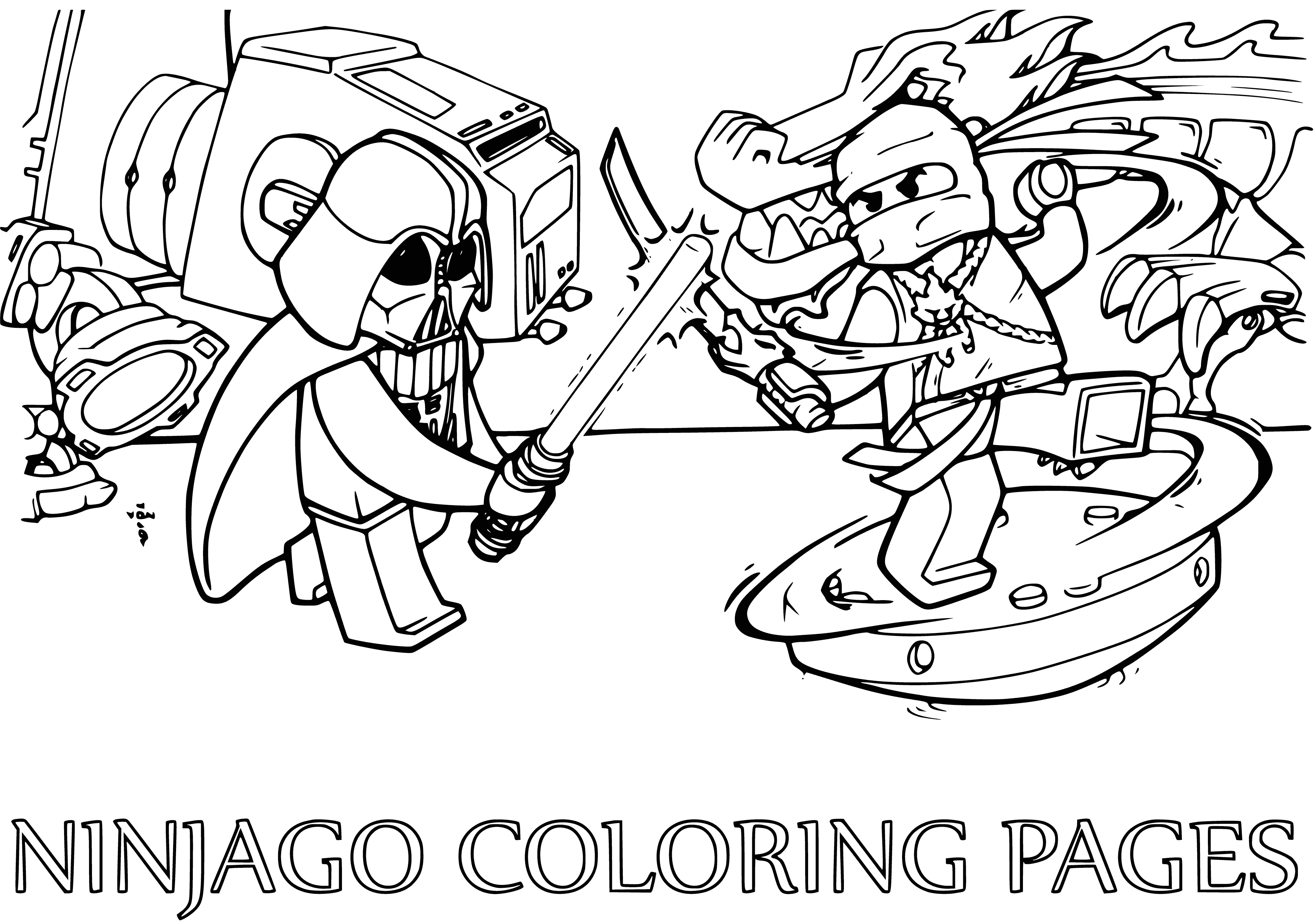 coloring page: Dark figure and ninjas face off behind Death Star: Darth Vader, powerful villain from Star Wars, stands arms crossed in classic armor as ninjas in green & black armed with swords & daggers prepare to fight him & his ship.