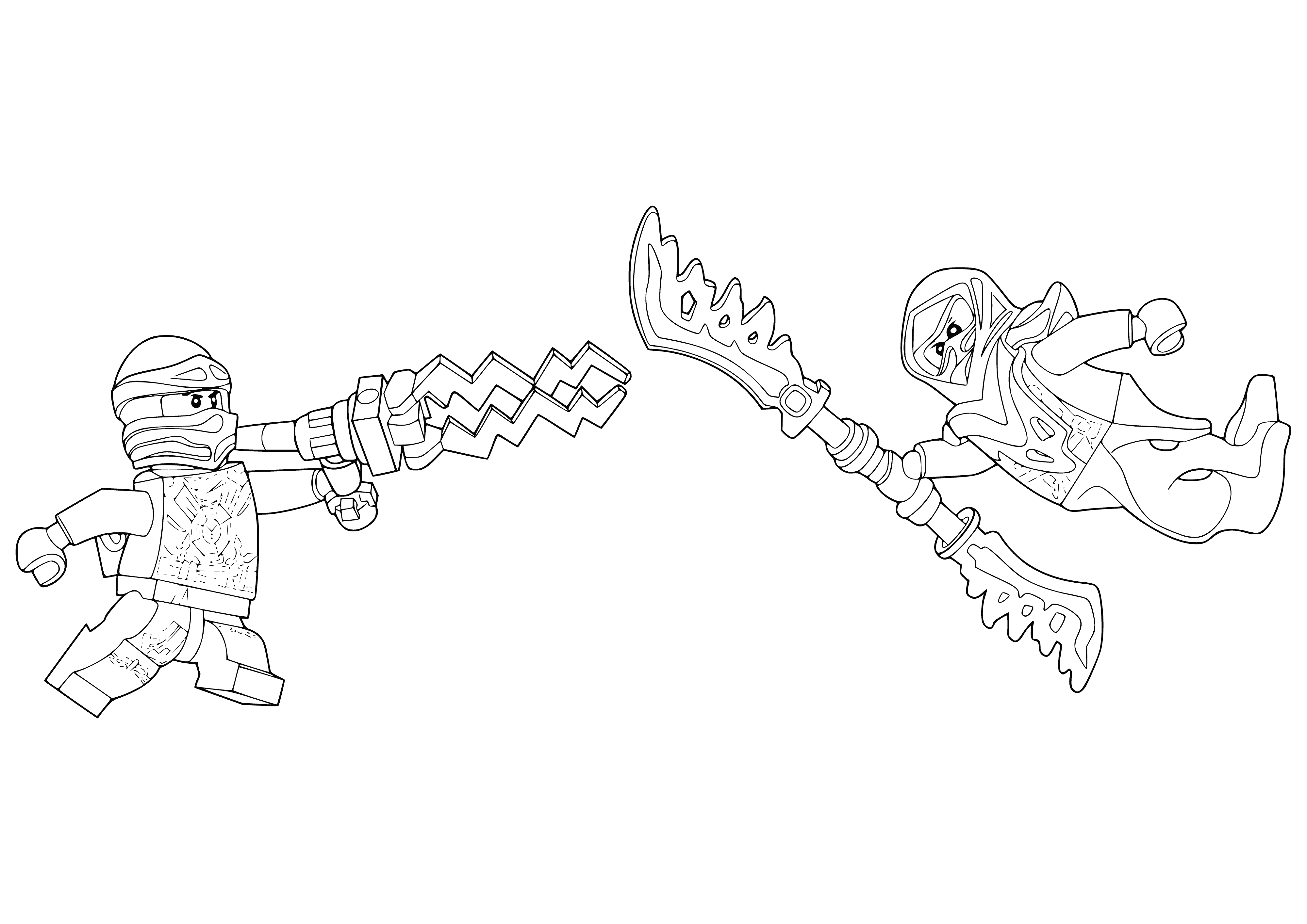 coloring page: Jay wielding a golden sword battles a ghostly Banshee with tattered wings and a sword.