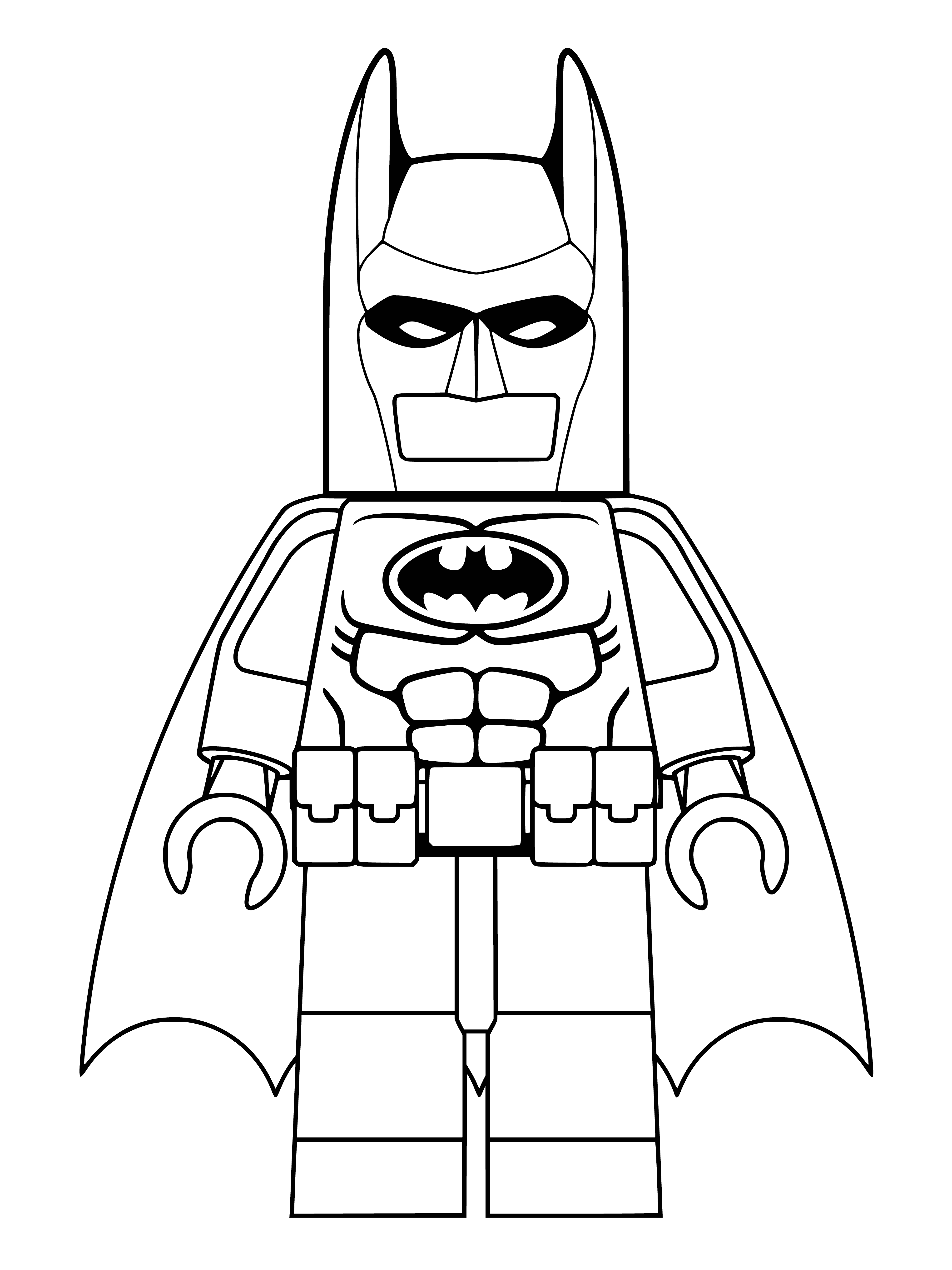 coloring page: Lego Batman with black cape holds batarang in center, flanked by a large green plant and orange/white Lego figure. #thecapedcrusader