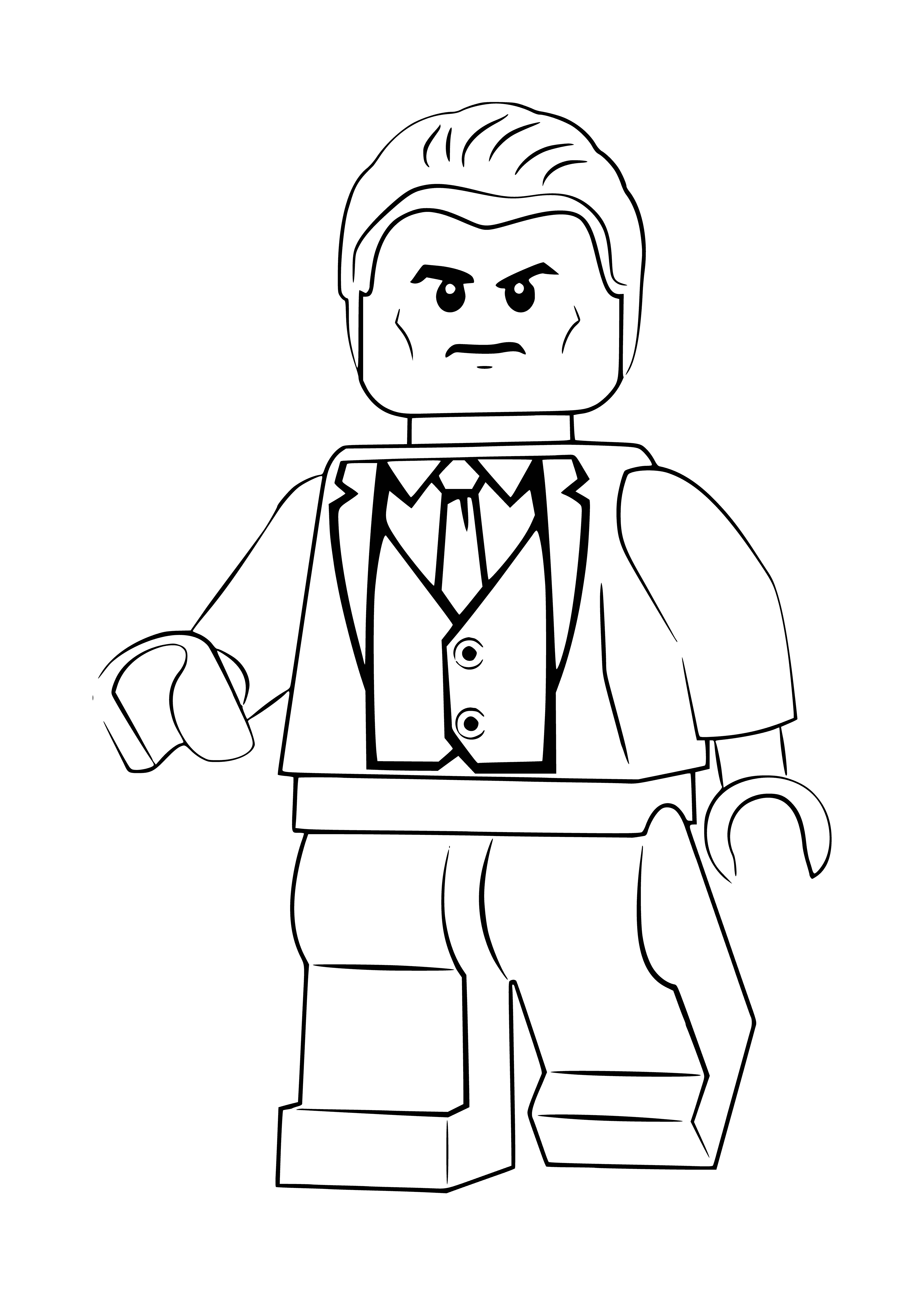 coloring page: Man in grey suit & black cape wearing black mask, Batman symbol on chest. Standing in front of large Lego blocks. #ColoringPage #Lego #Batman